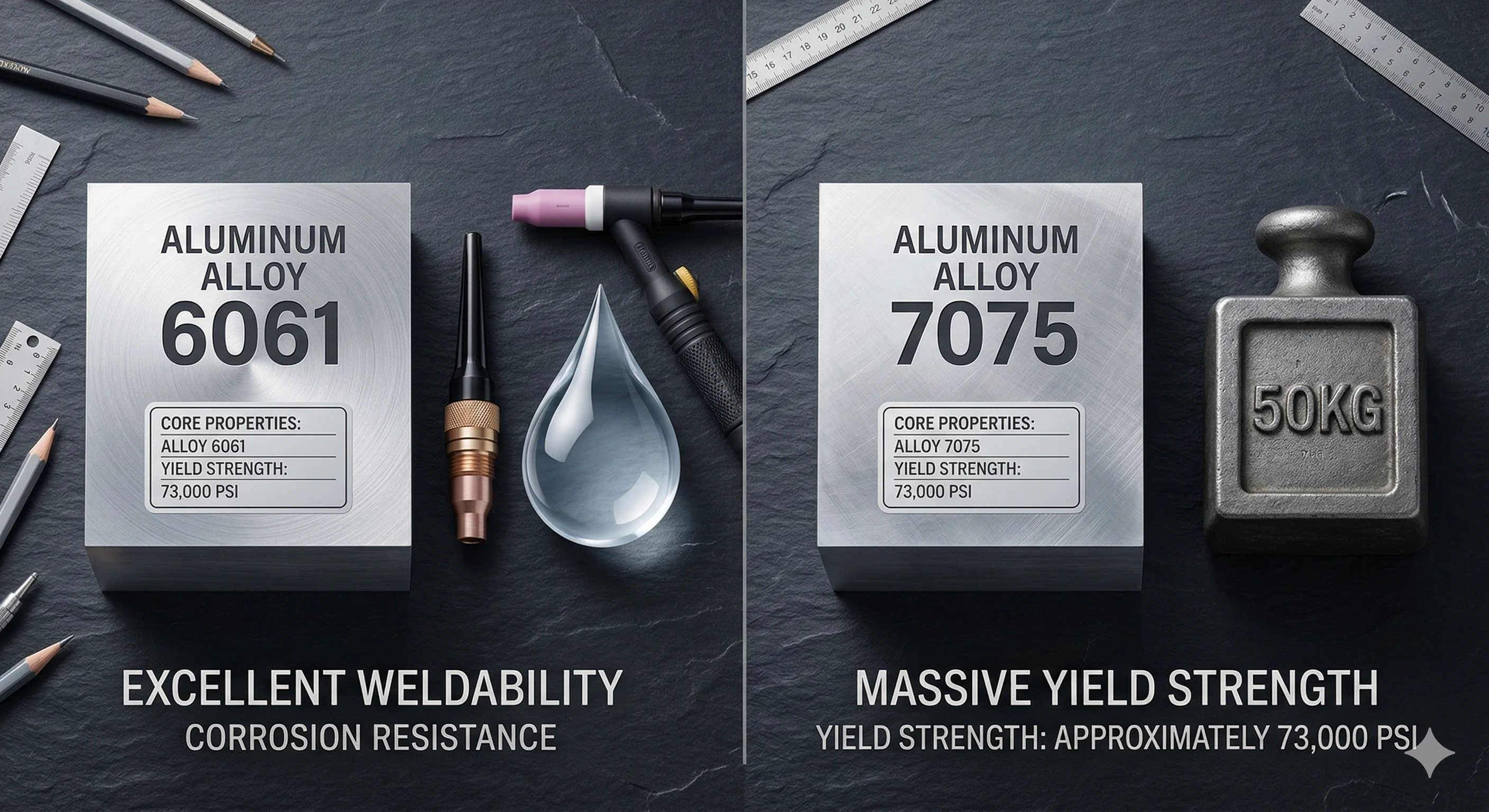 Comparison of aluminum alloy 6061 and 7075 properties for glass hardware manufacturing.