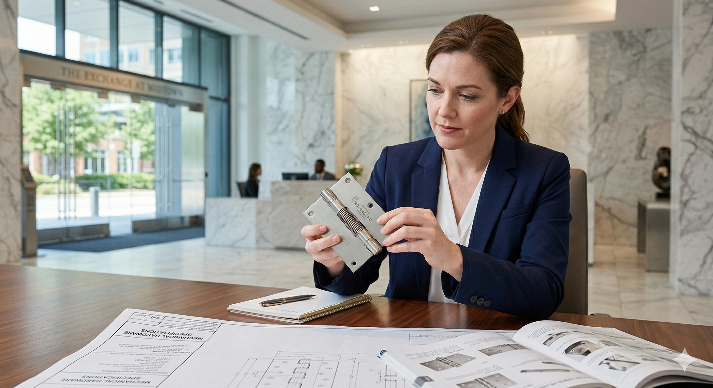 Female architect examining a heavy-duty metal hinge over blueprints