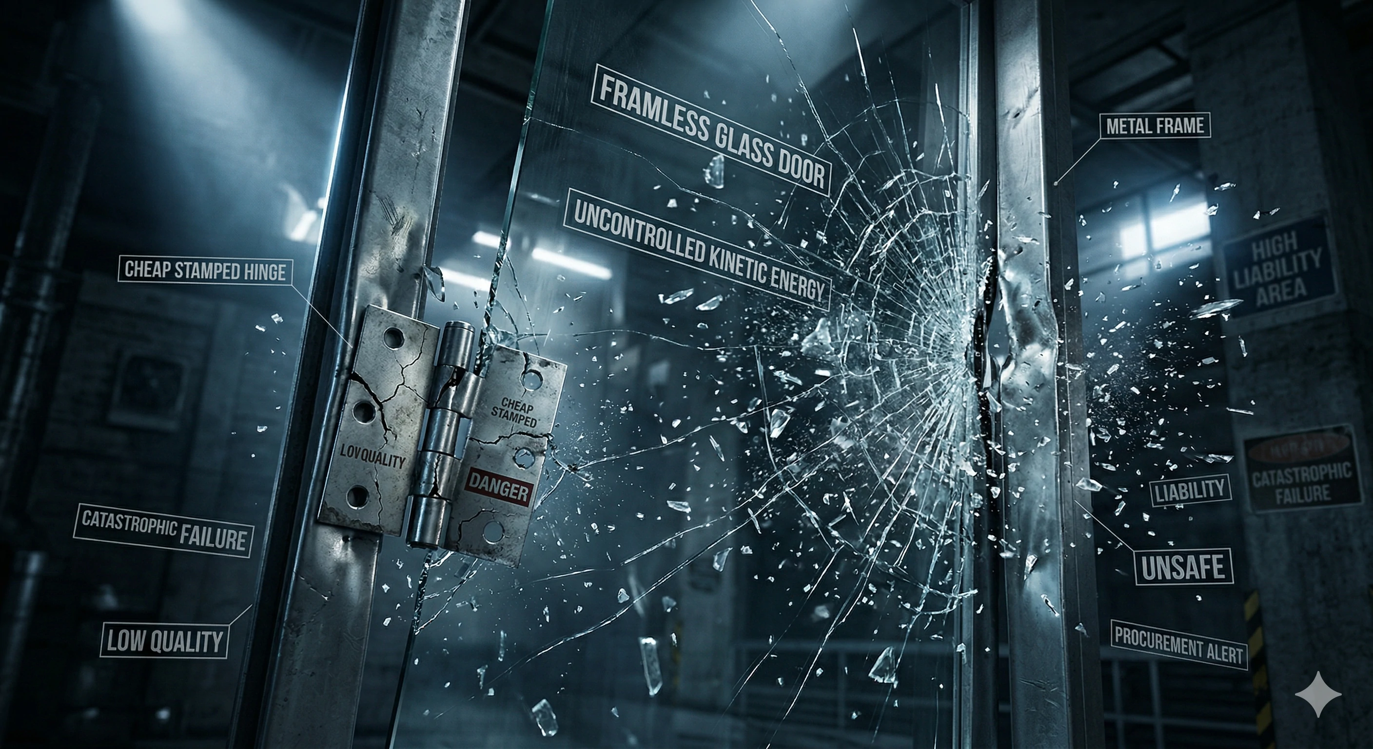 Shattered frameless glass door demonstrating the dangers of low-quality stamped hinges.