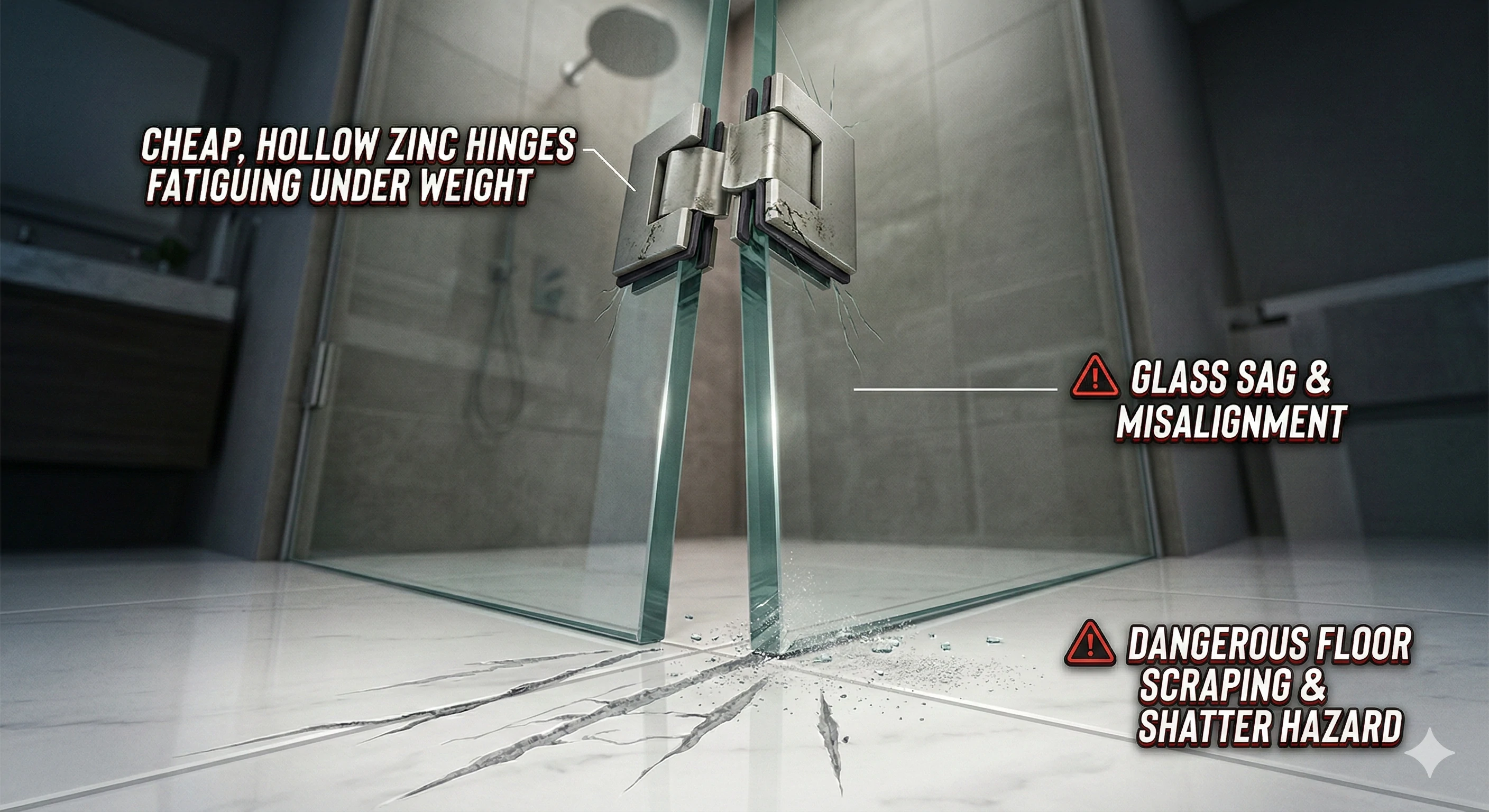 Broken glass shower door caused by cheap zinc hinge failure