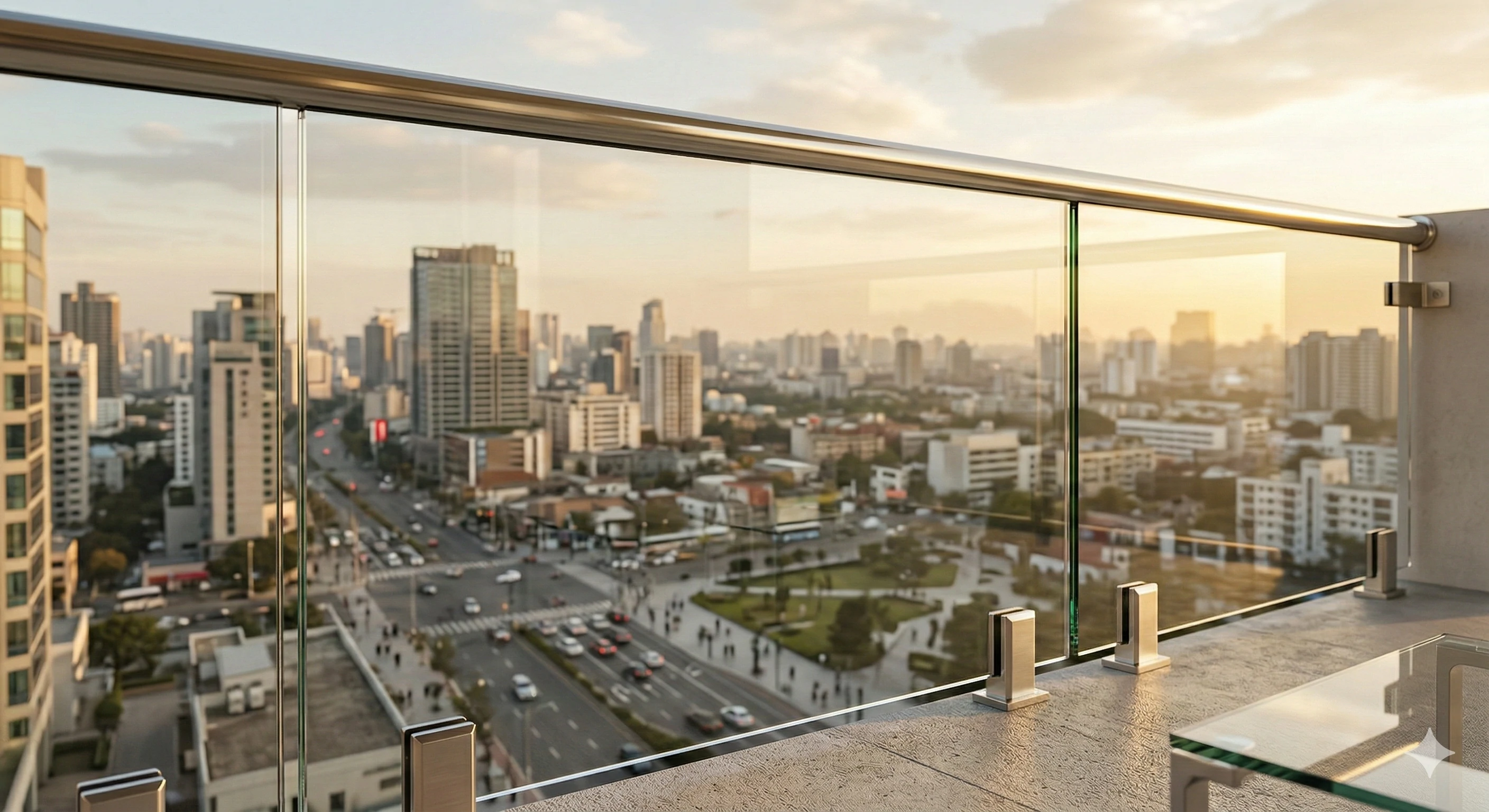 High-rise balcony glass railing system with stainless steel handrails