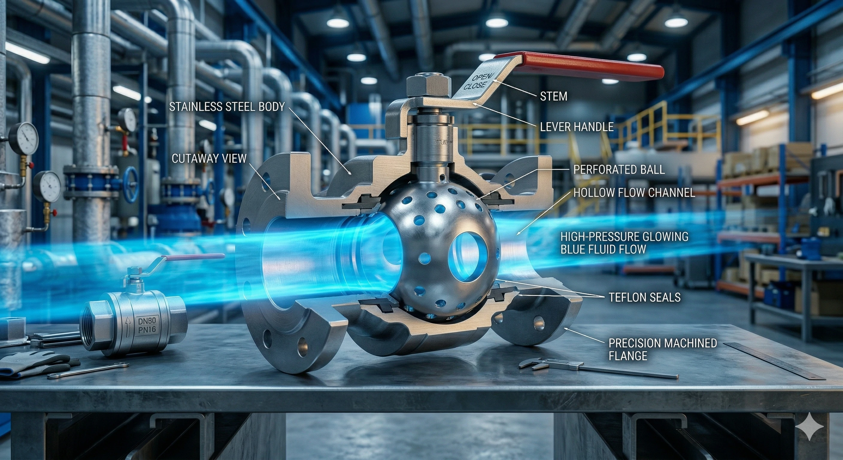 Cutaway 3D rendering of a stainless steel ball valve showing internal fluid flow