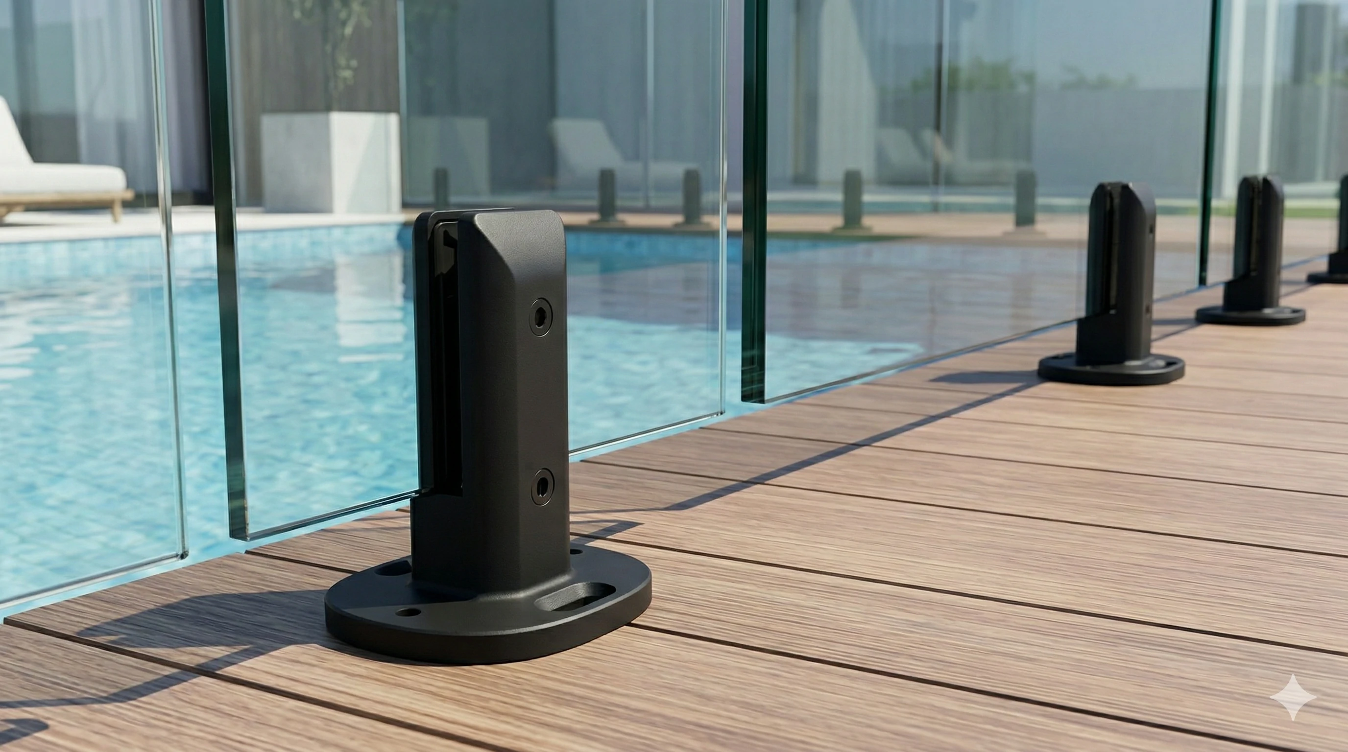 Black matte spigots supporting frameless glass pool fencing on deck