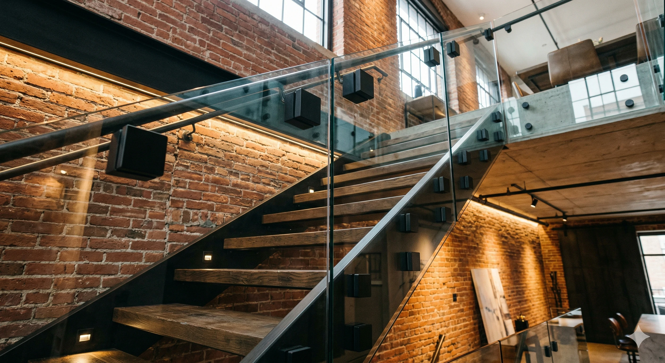 Modern staircase with frameless glass railing and square black glass standoffs