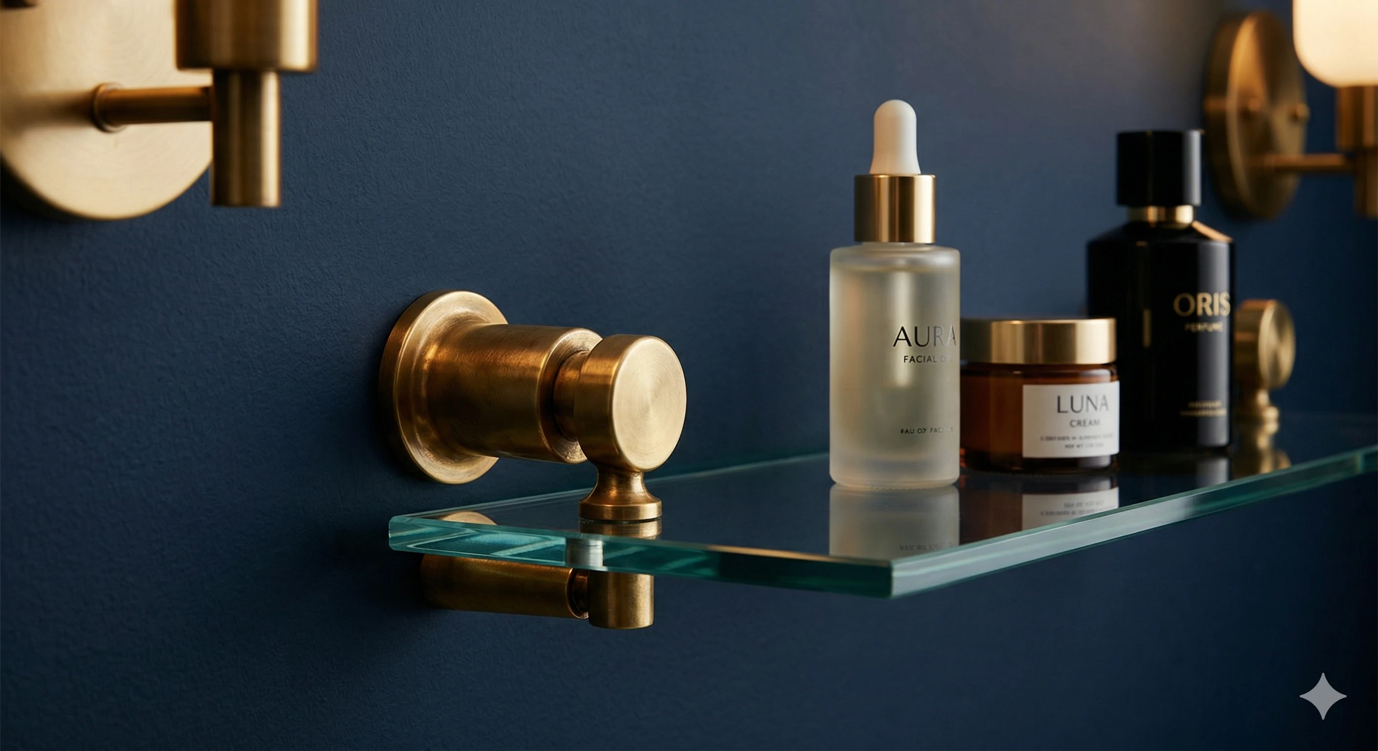 Wall-mounted glass bathroom shelf supported by elegant brass metal standoffs.
