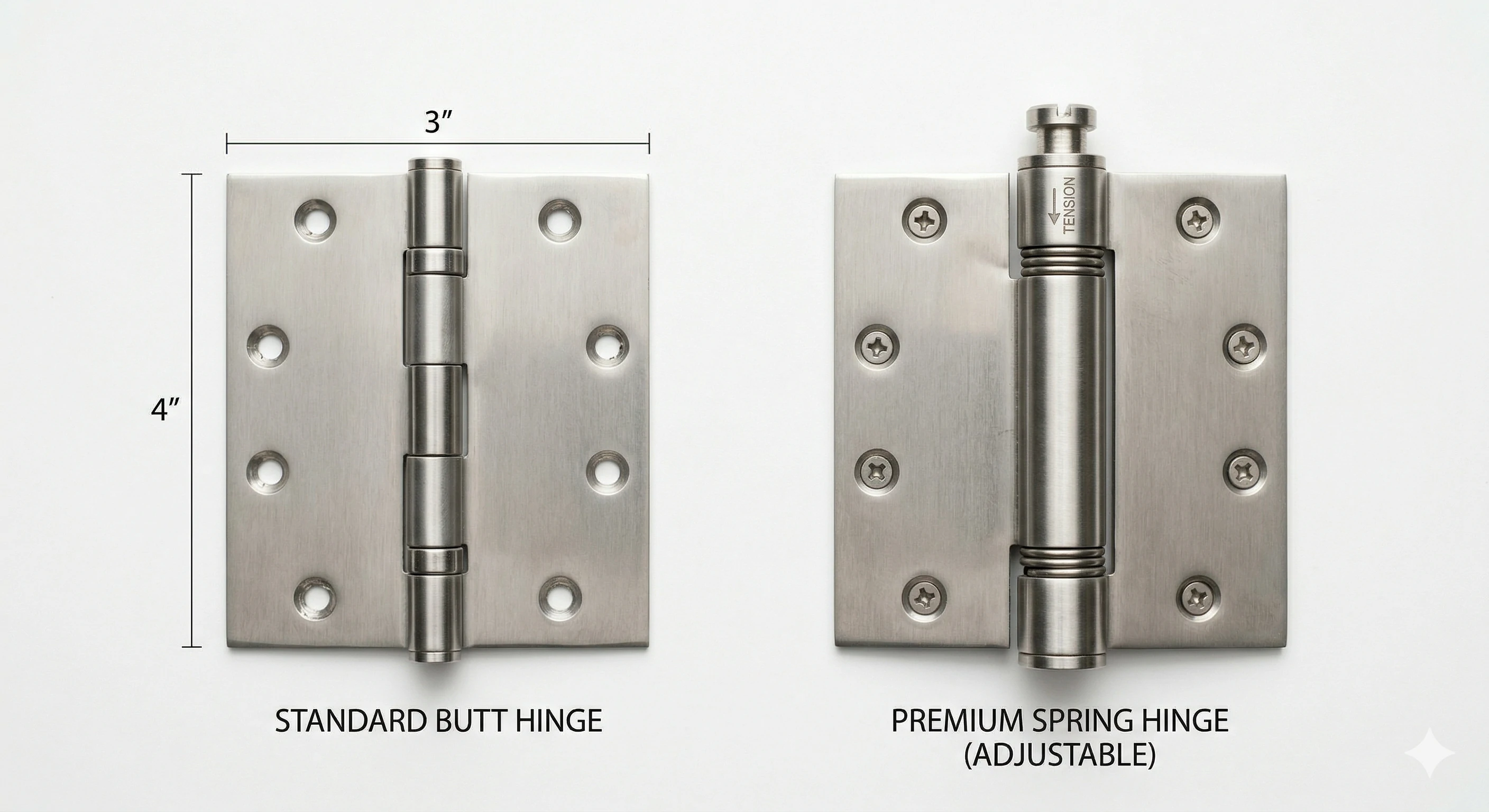 Comparison of standard butt hinge versus premium adjustable spring hinge.