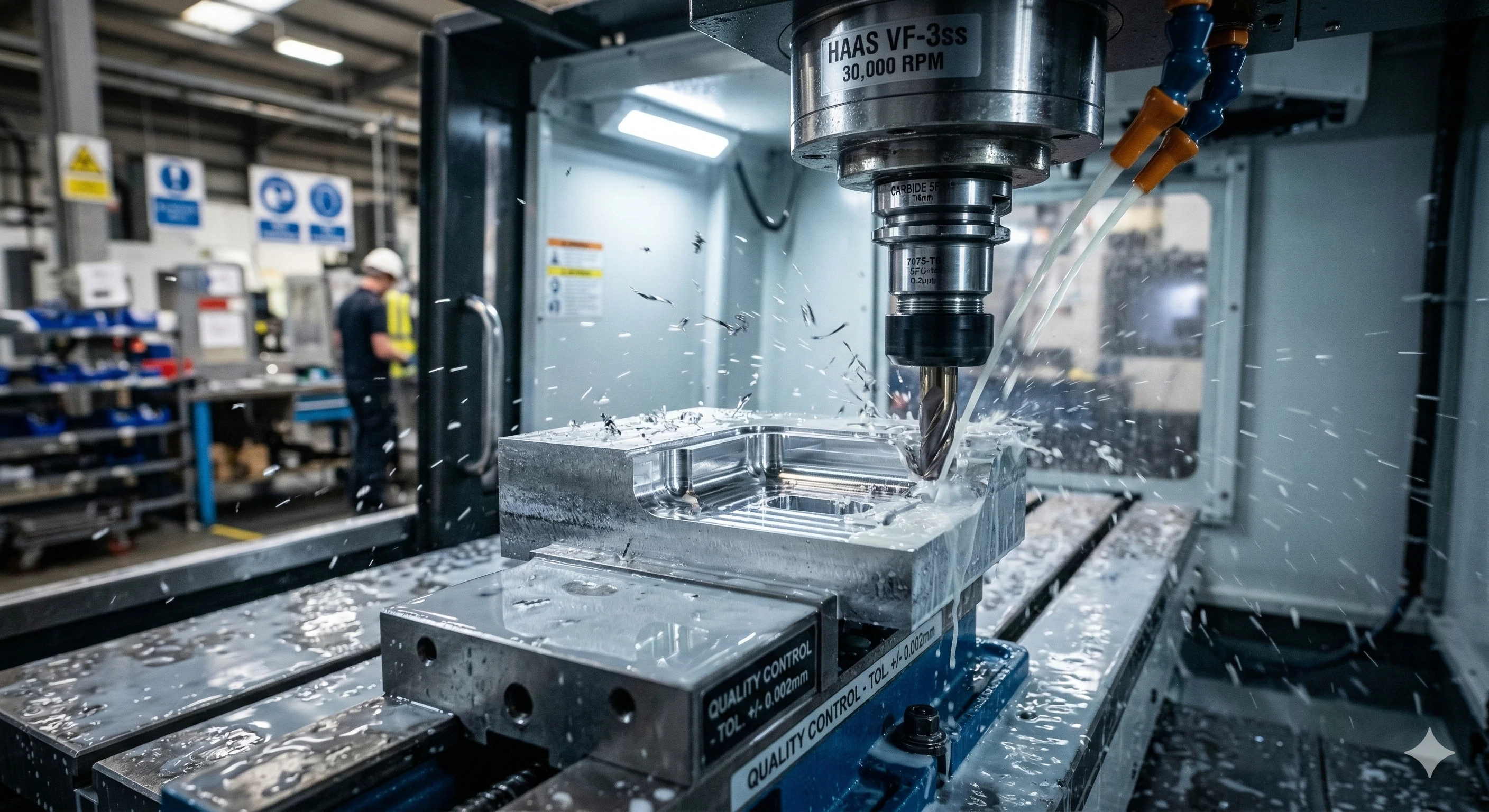 High-speed CNC milling machine manufacturing precision metal parts with coolant spray.