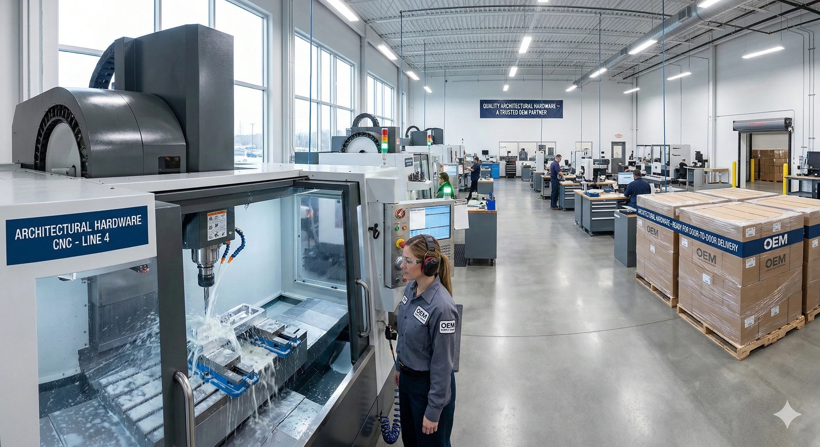 OEM glass hardware manufacturing facility with CNC machines and packaged boxes