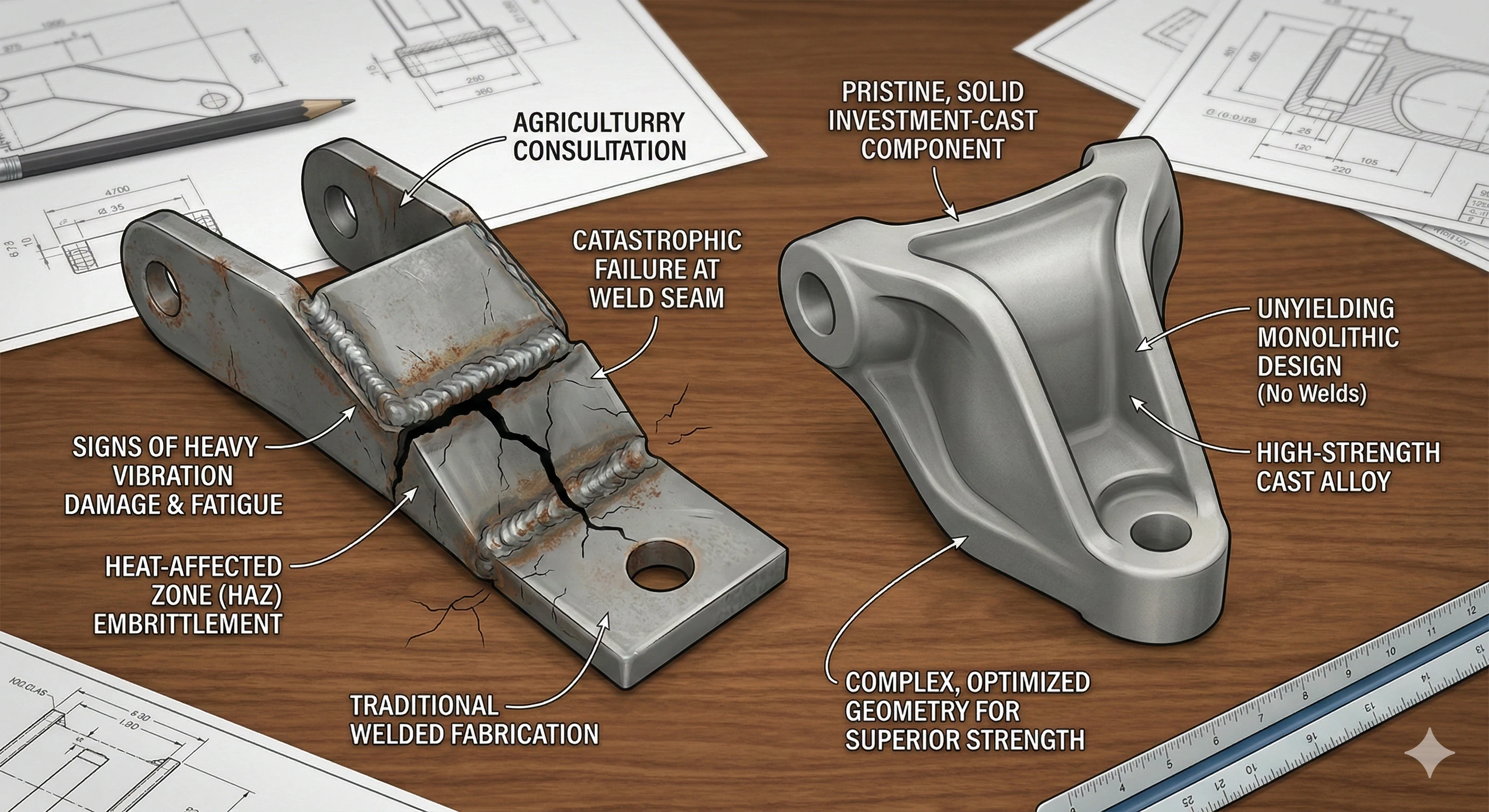 Comparison of broken welded part and strong investment cast agricultural component