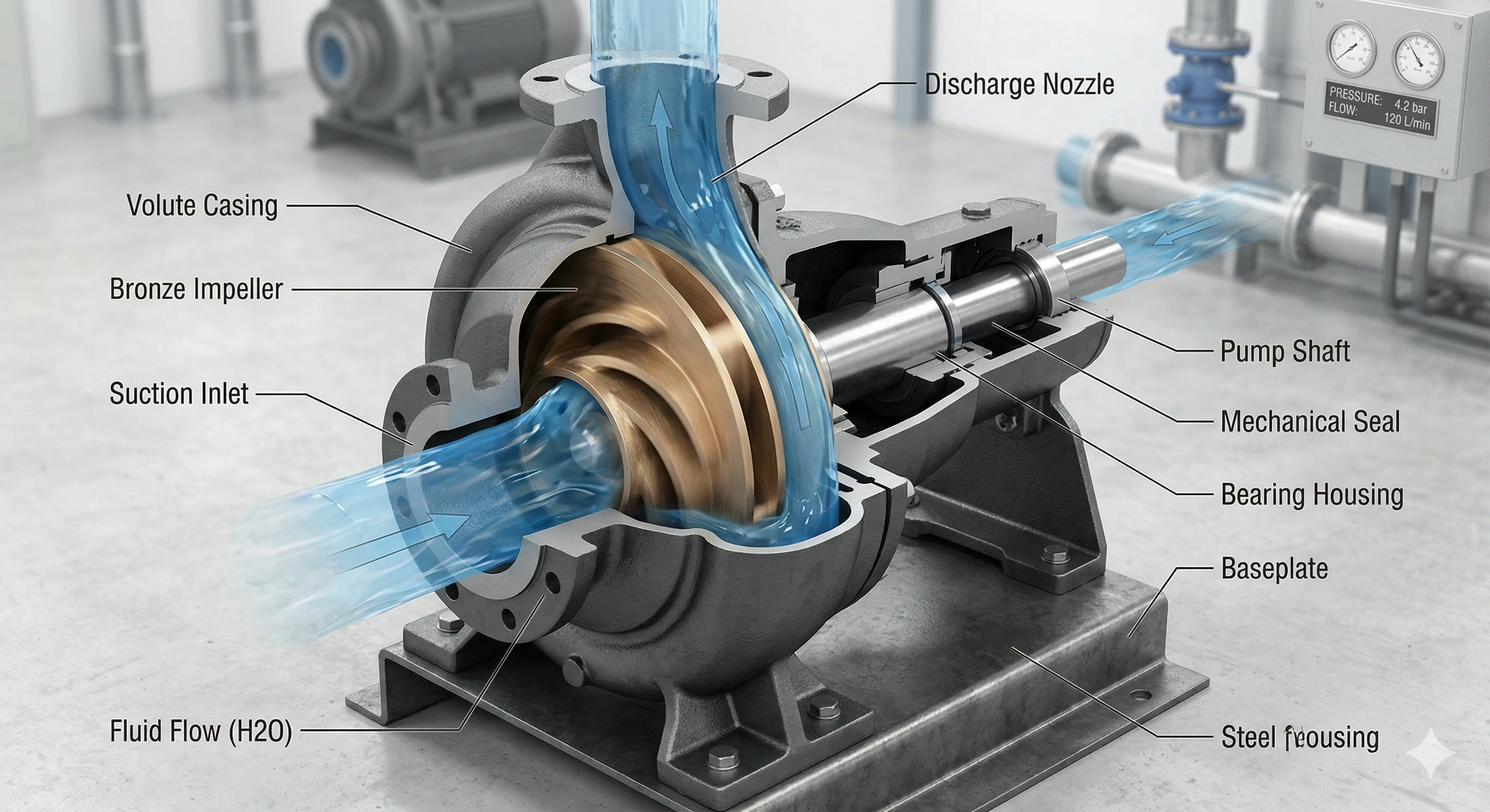 Cutaway diagram of a centrifugal pump showing internal components and water flow.