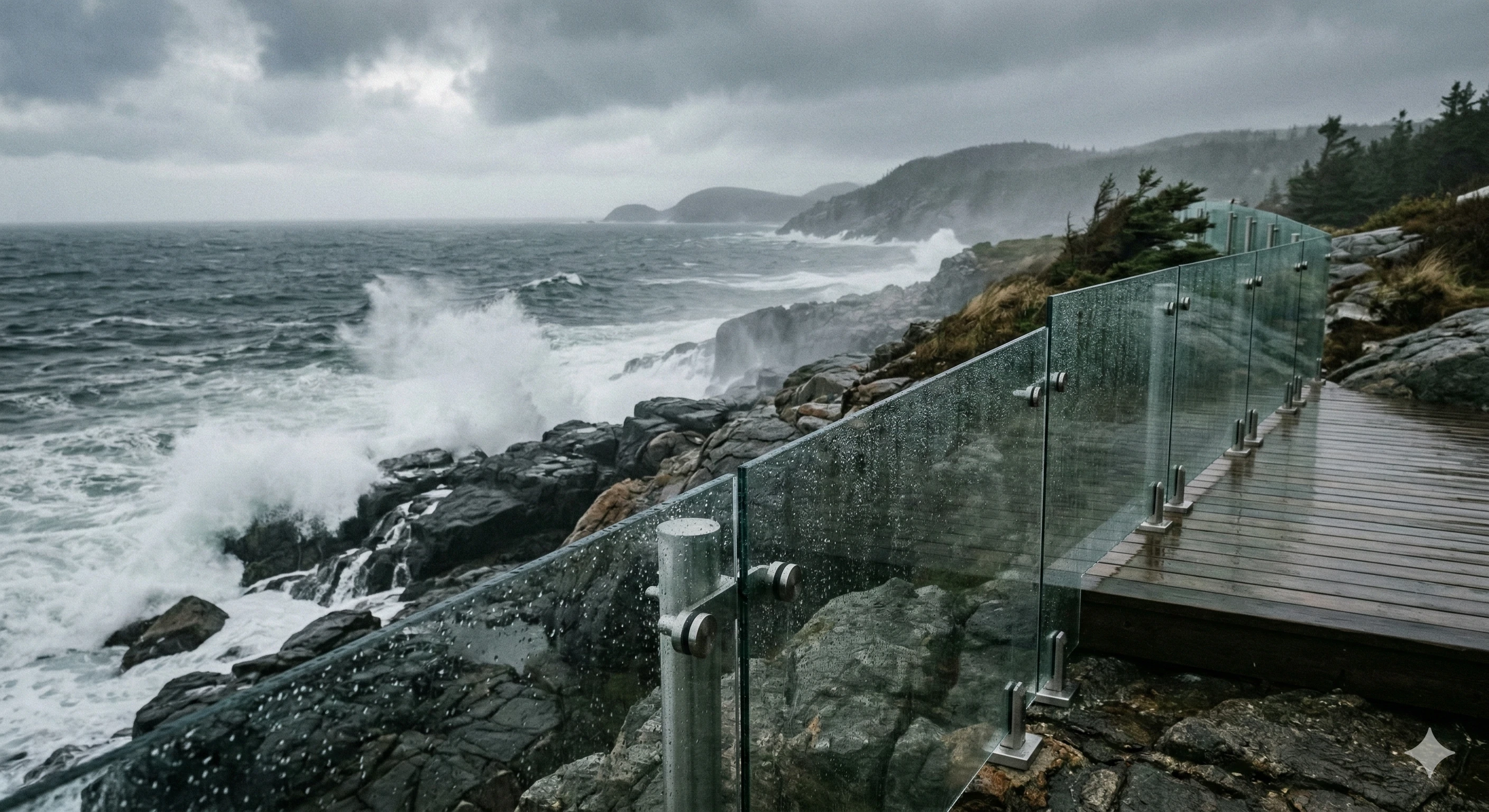 Durable glass railing system with marine-grade hardware withstanding severe coastal weather conditions.