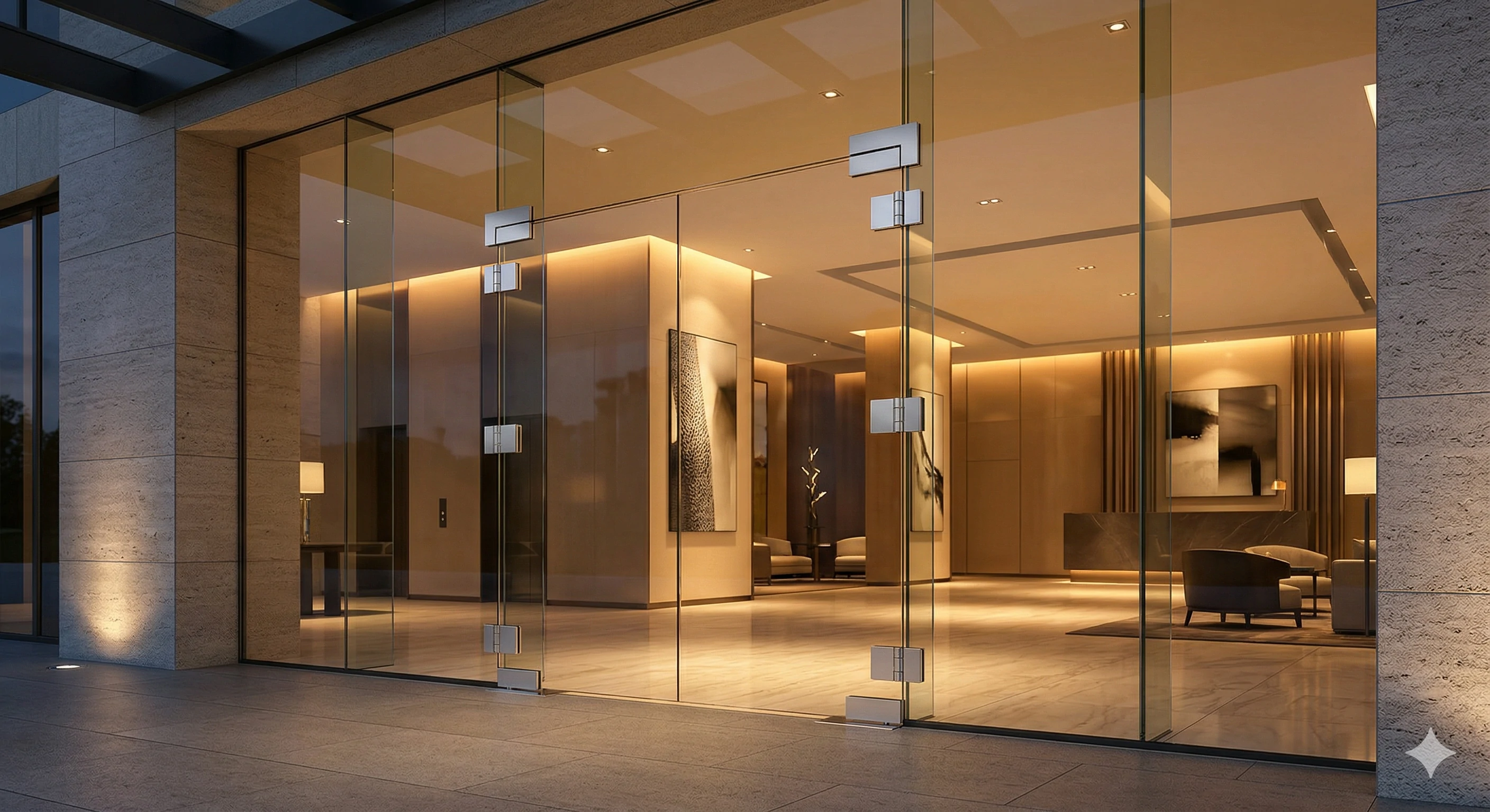 Durable frameless glass door hardware for high-end commercial lobby entrances