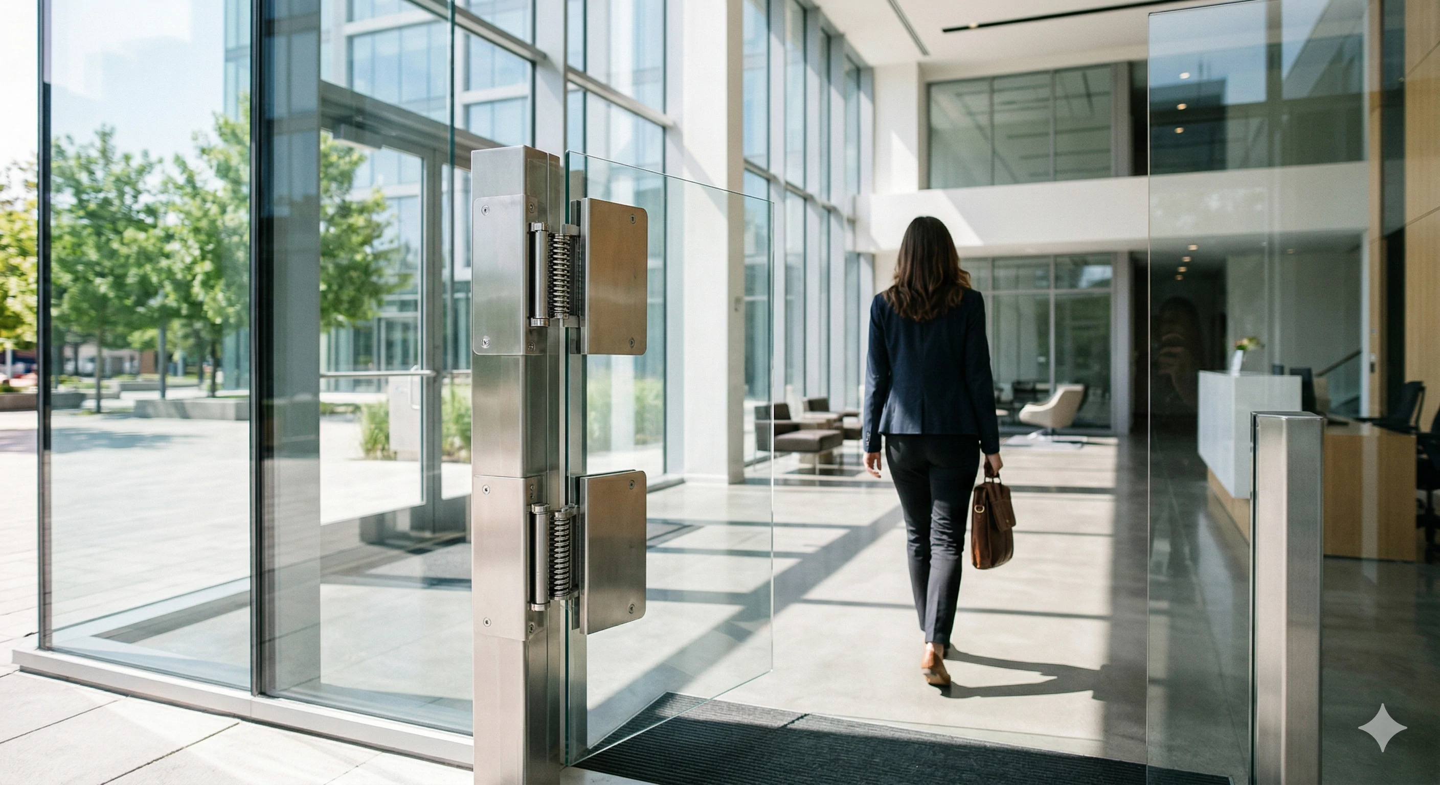 Commercial glass door pivot hinge installed in modern office lobby
