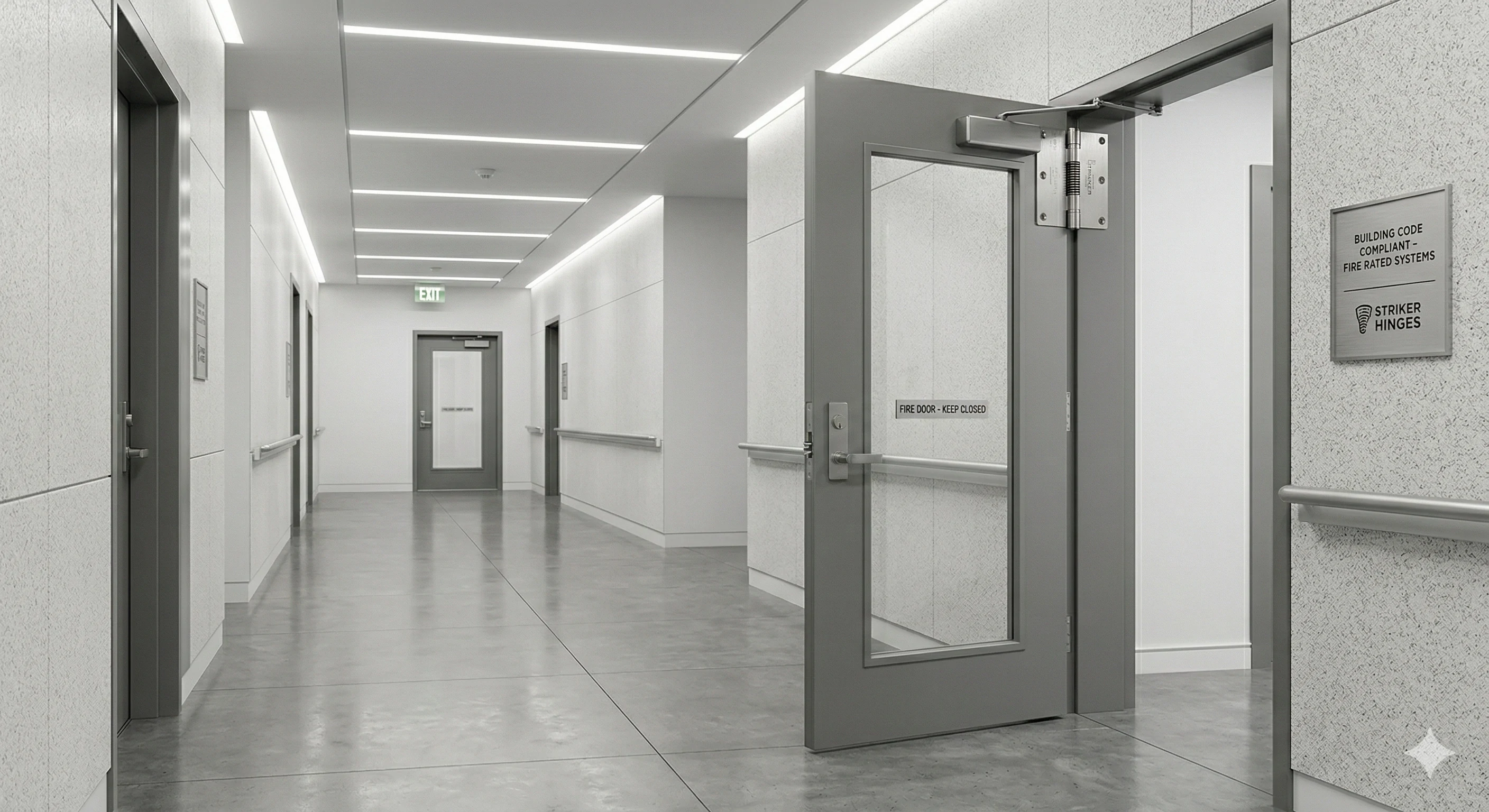Open fire-rated door with Striker Hinges in a commercial hallway