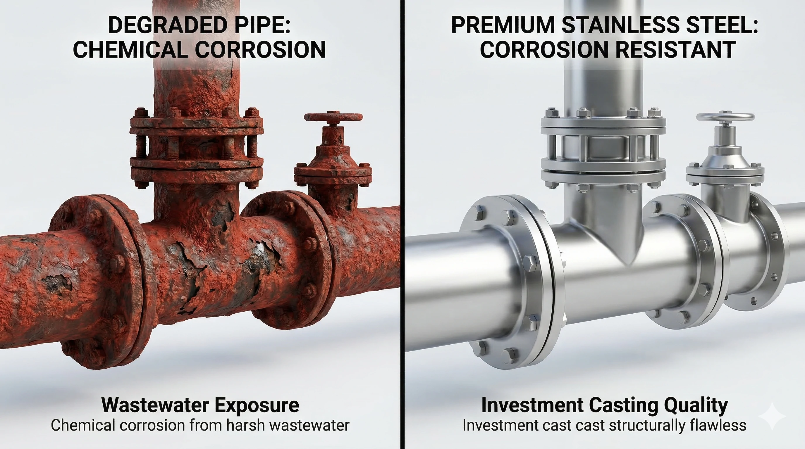 Comparison of corroded pipe versus premium corrosion-resistant stainless steel investment casting