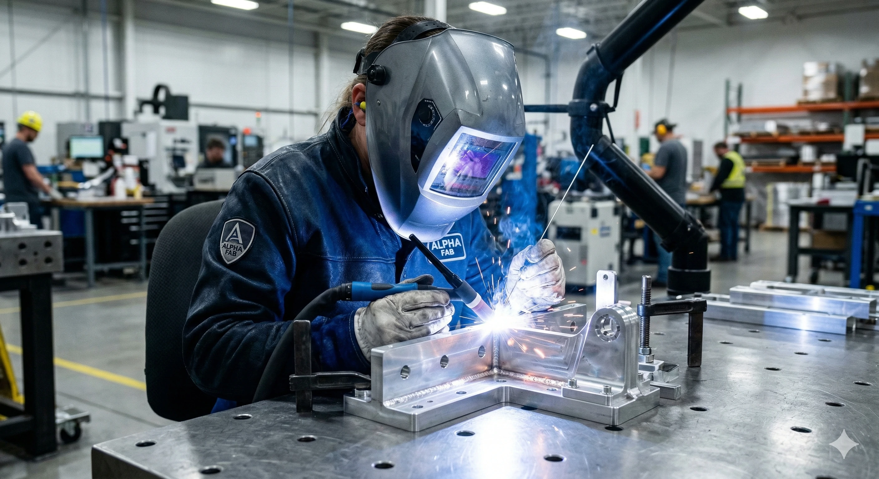 Skilled worker welding custom metal hardware in manufacturing facility