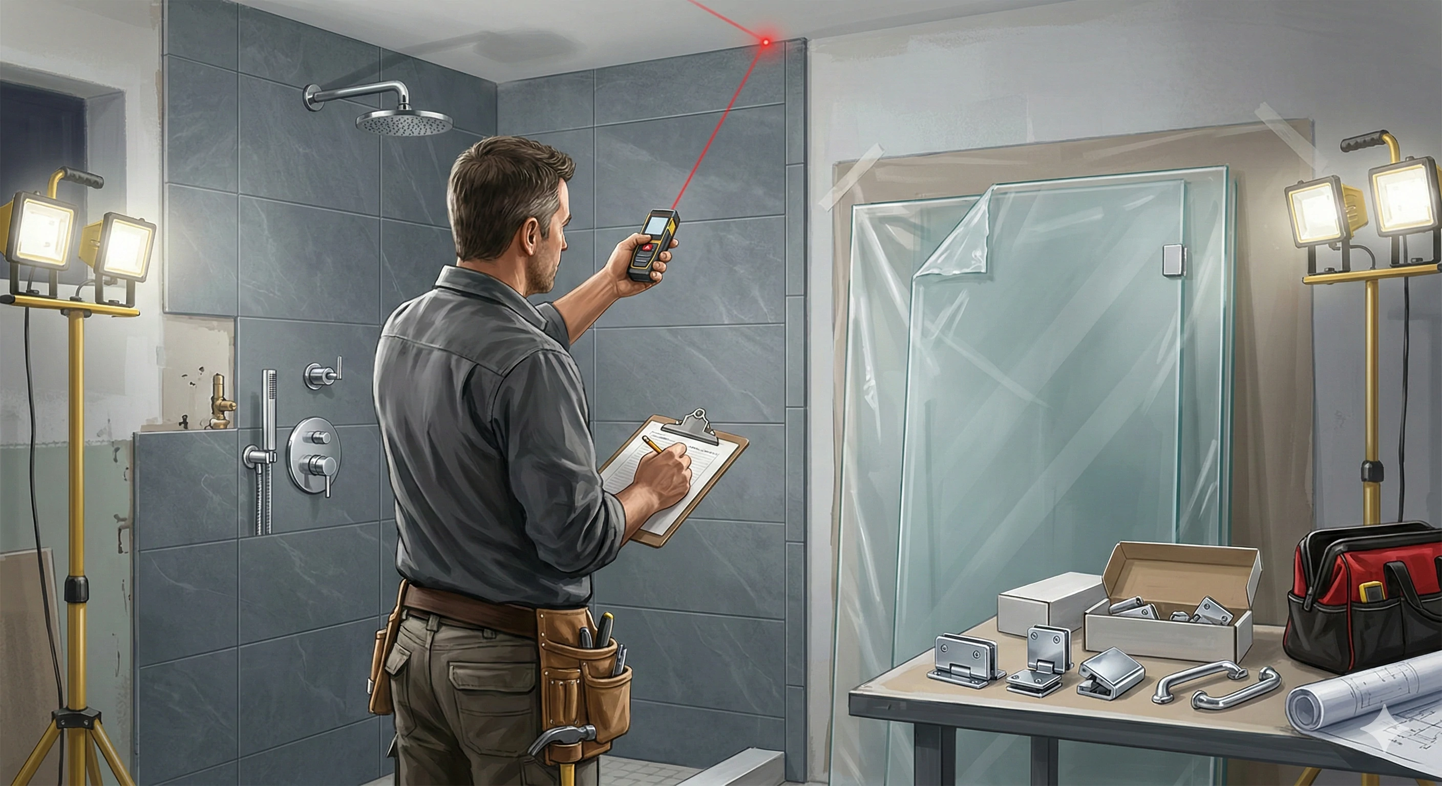 Contractor measuring bathroom for custom glass shower hardware installation