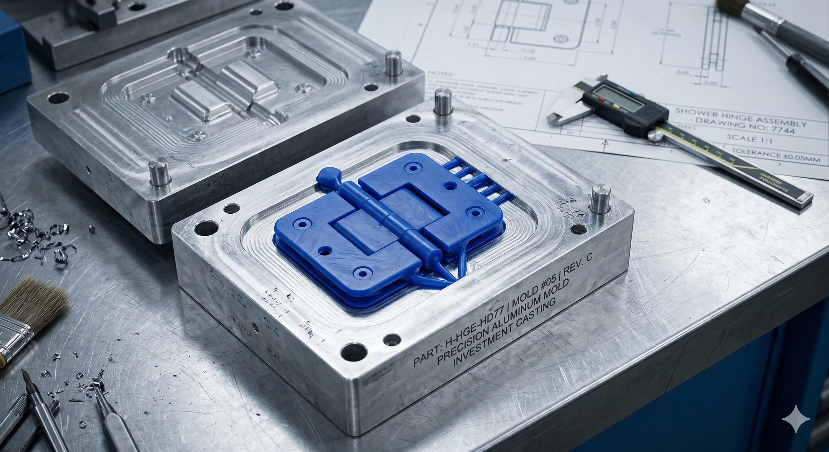 Custom shower hinge mold with precise blueprints for OEM hardware manufacturing