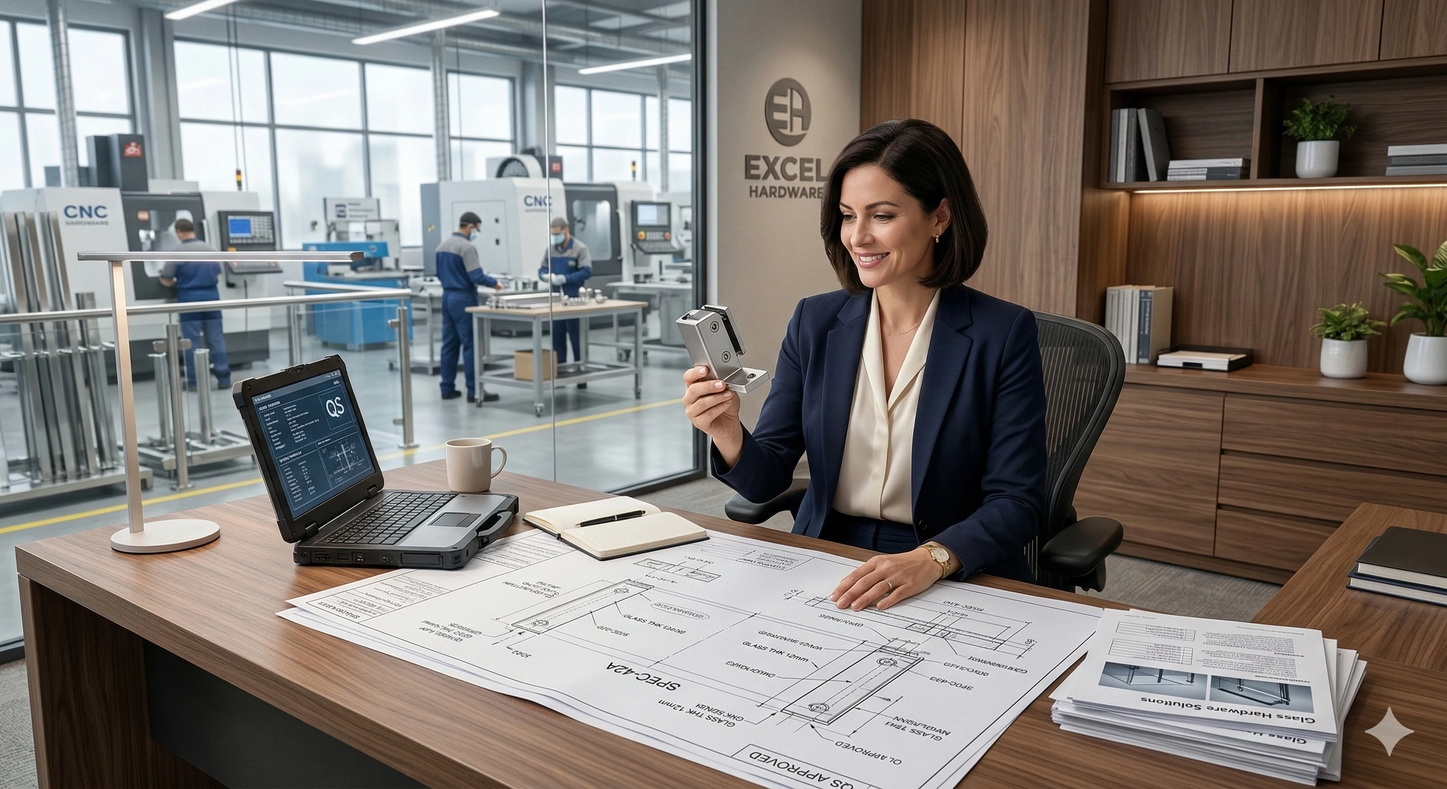Engineer reviewing custom glass railing hardware blueprint and prototype