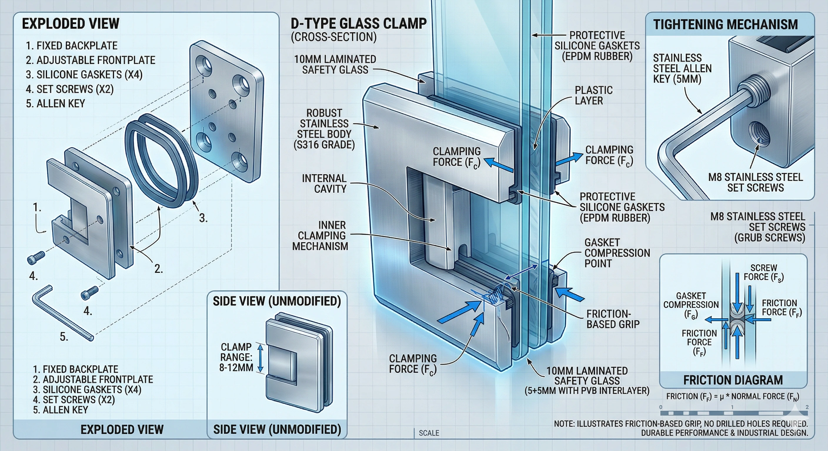 Detailed engineering diagram of a D-Type glass clamp tightening mechanism and friction grip