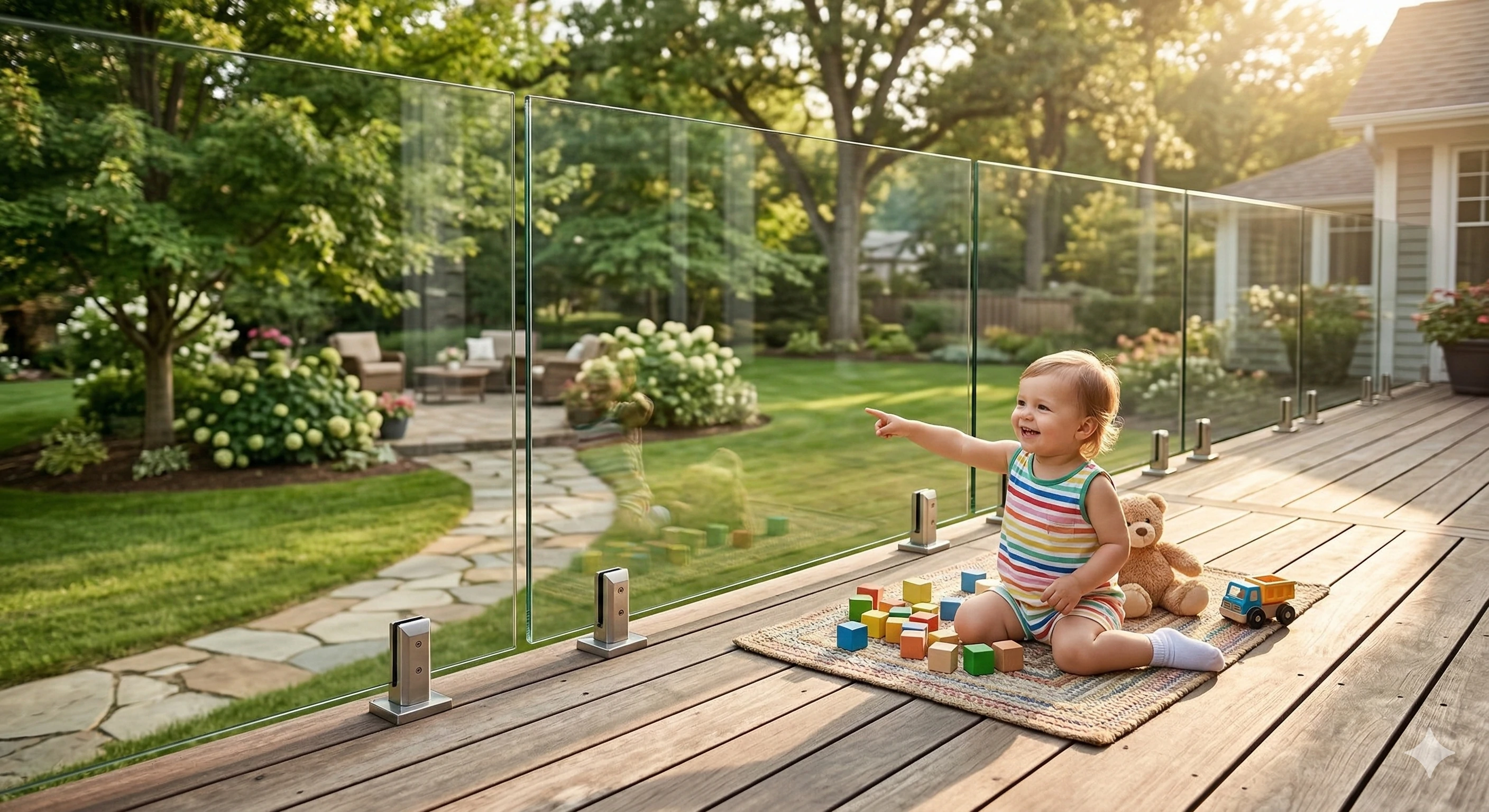 Safe deck frameless glass railing with durable stainless spigots
