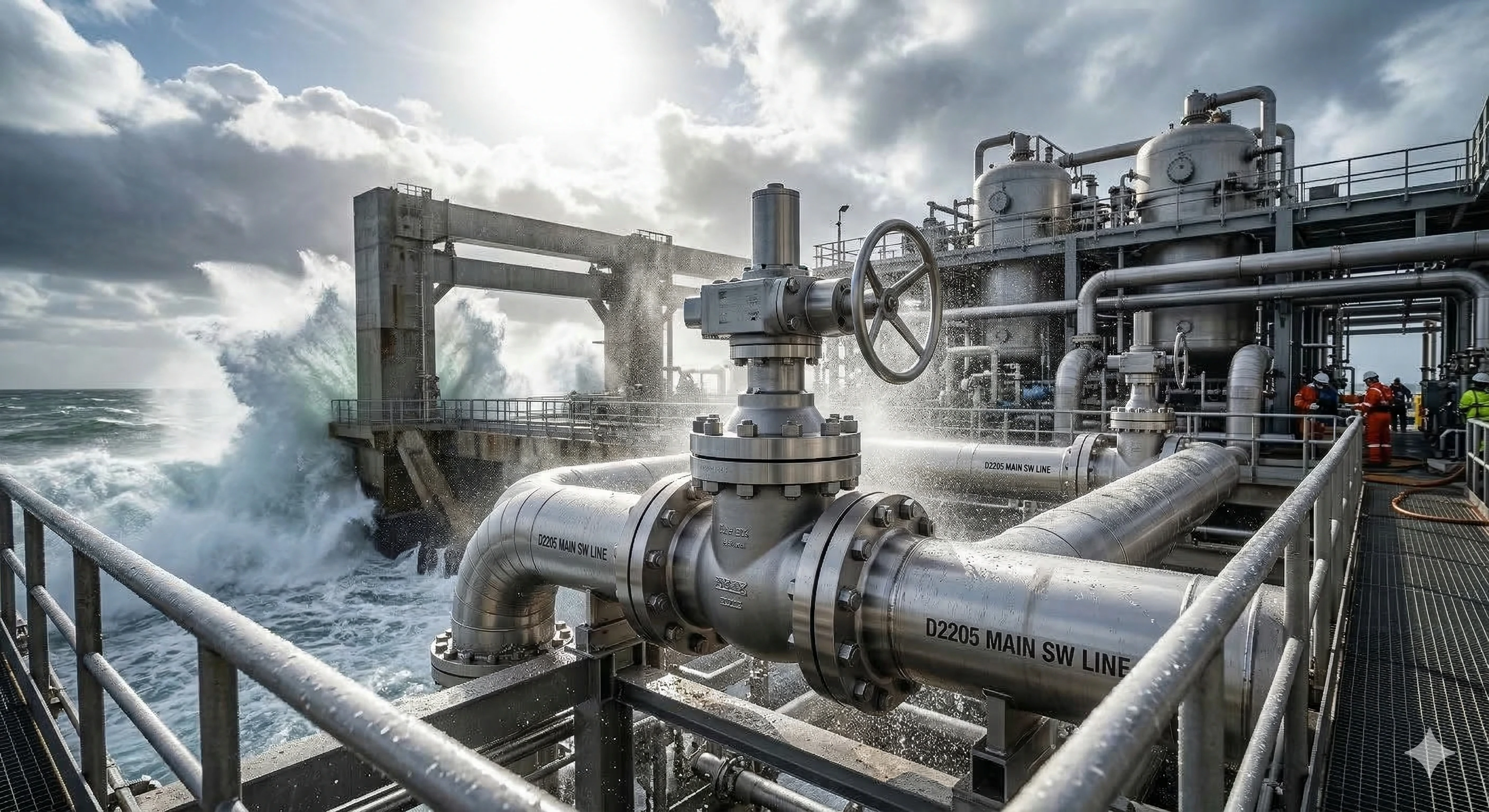 Durable stainless steel pipeline hardware installed in harsh coastal environments.