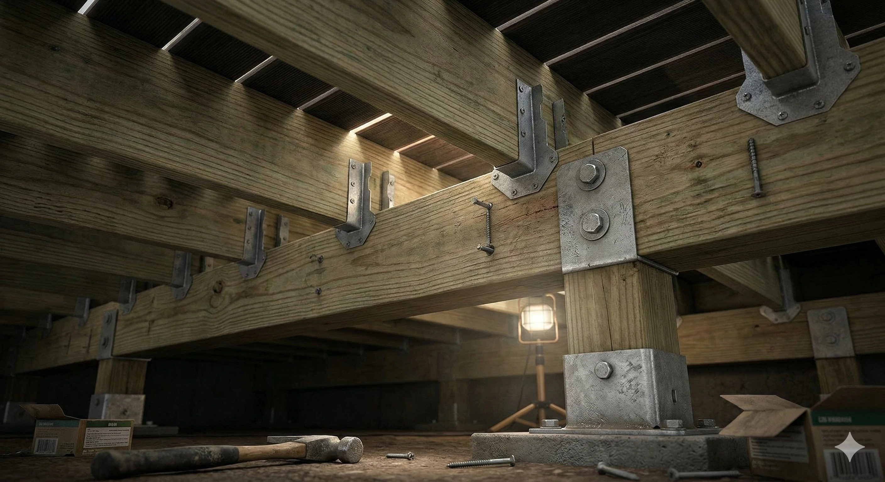 Heavy-duty steel brackets providing structural support for under-deck construction