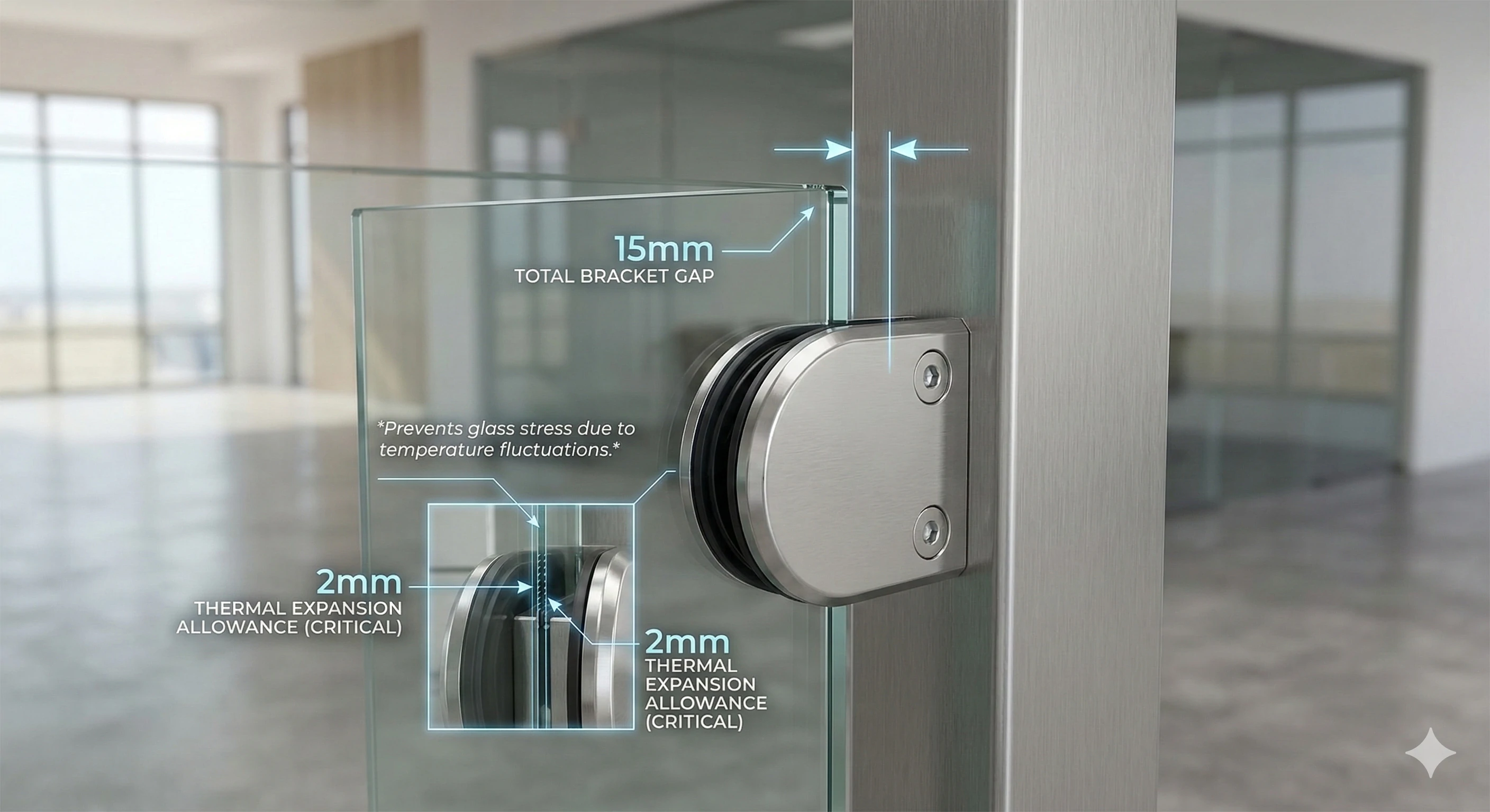 Stainless steel glass railing clamp with thermal expansion gap design.