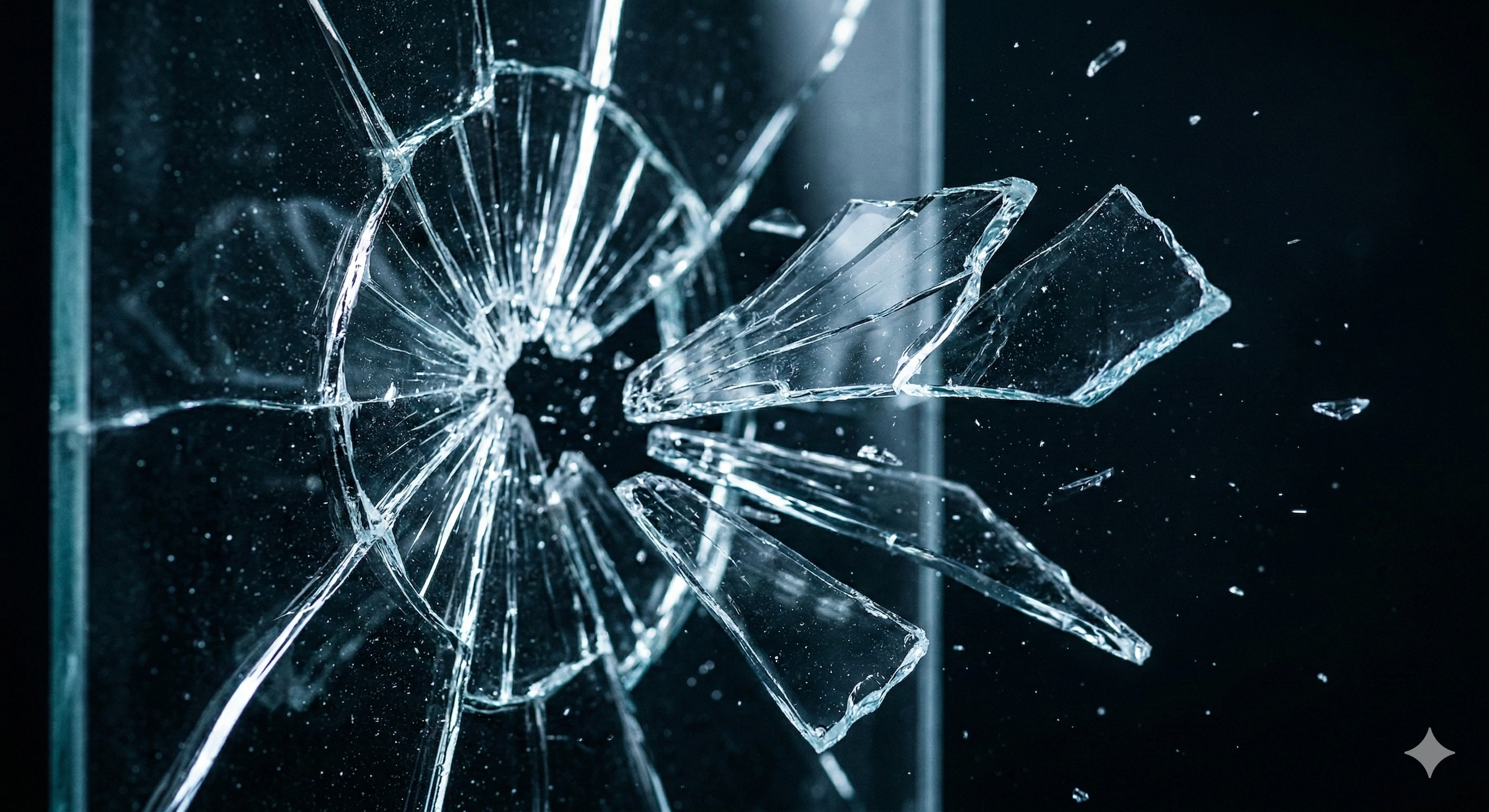 Gros plan sur un verre de sécurité trempé brisé, montrant sa grande résistance aux chocs et sa fragmentation.