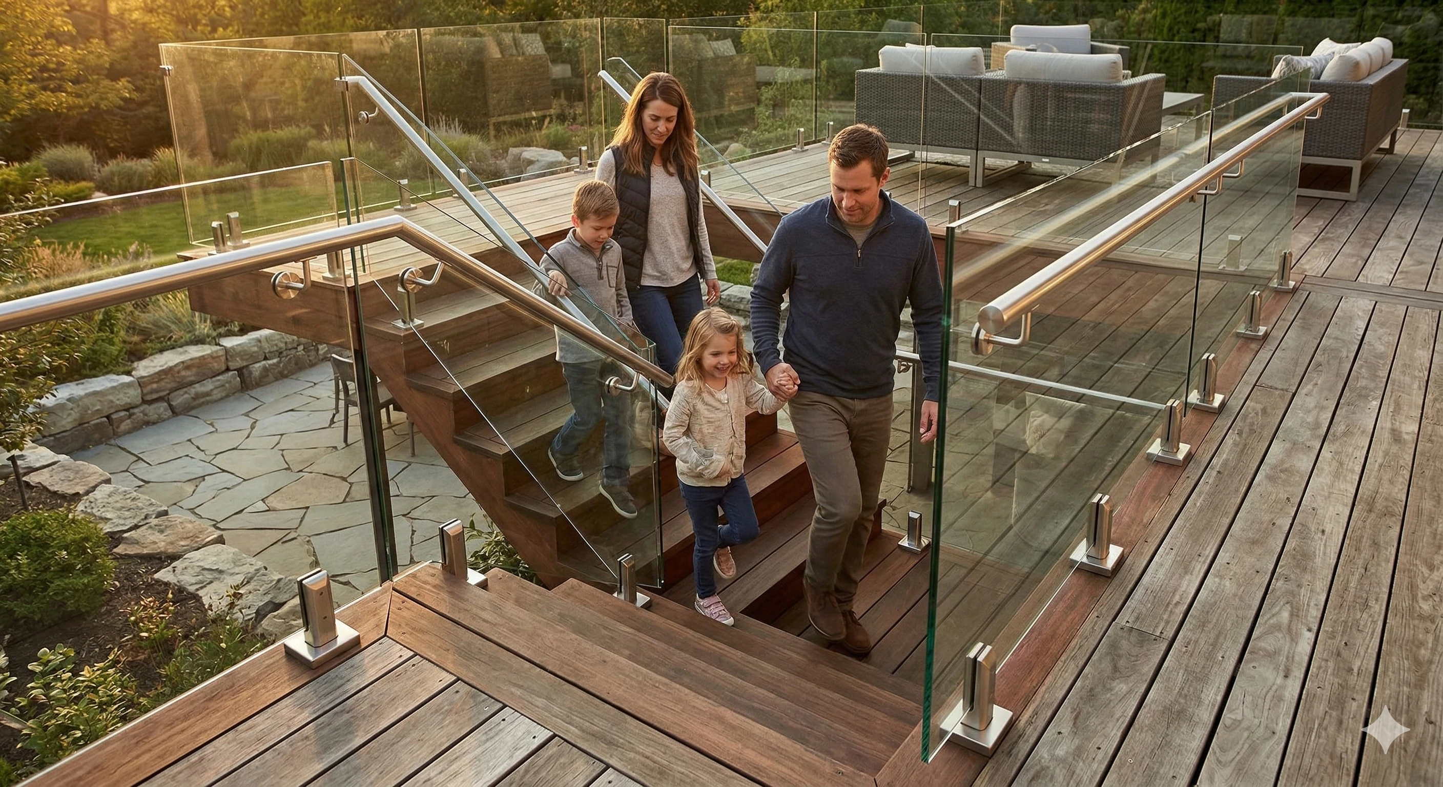 Family safely walking down deck stairs with durable glass railing