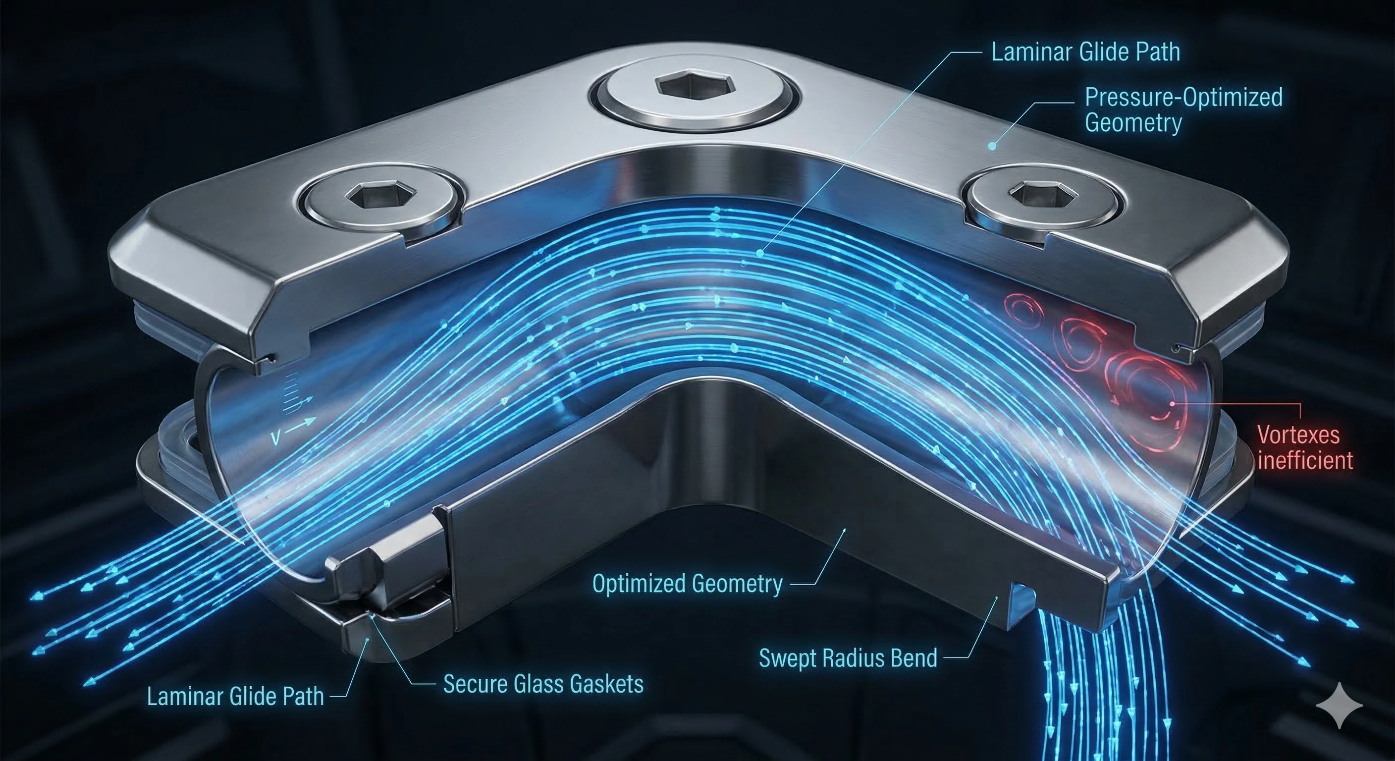 Engineering diagram showing optimized geometry of secure glass railing fittings