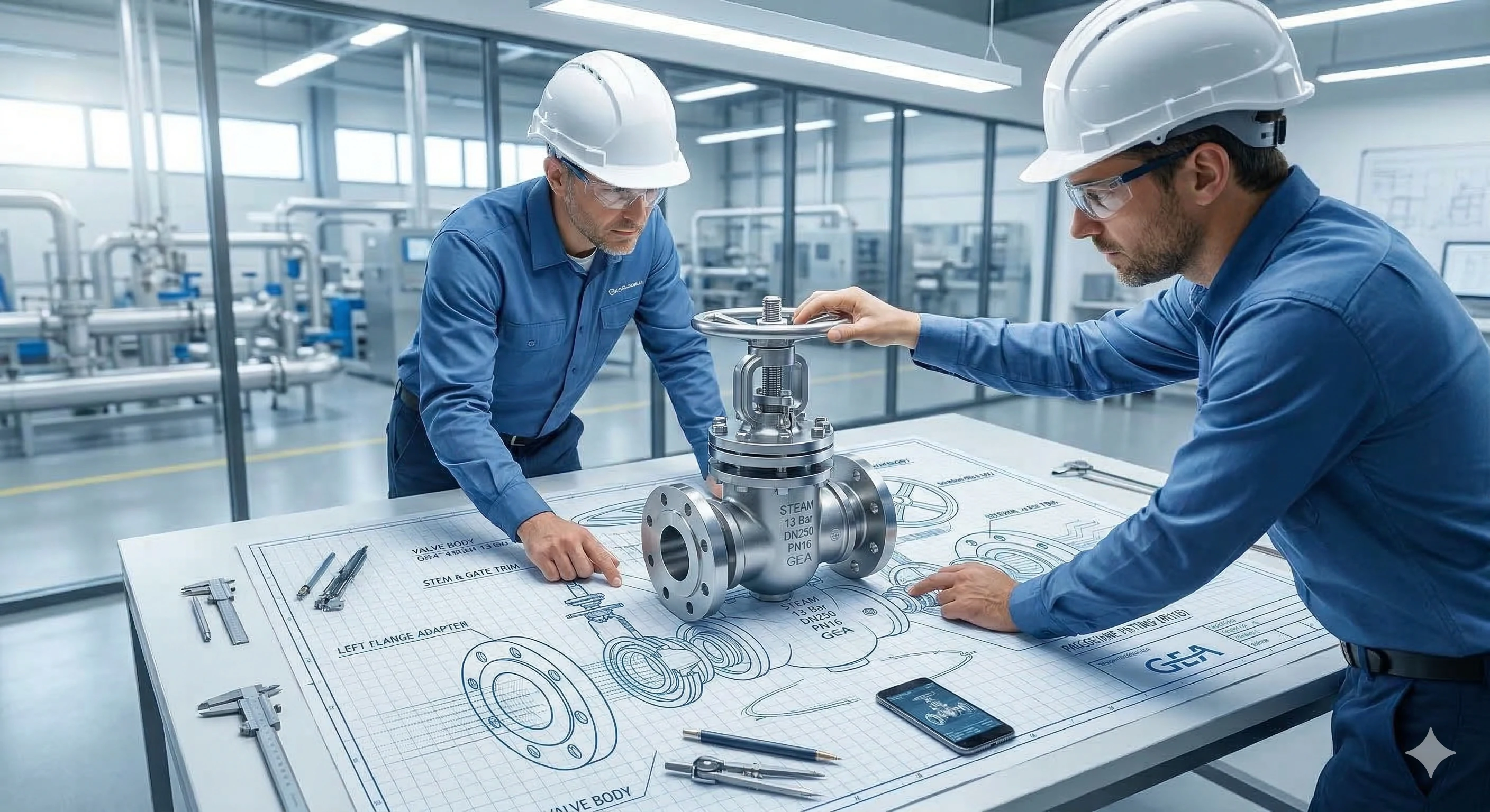 Engineers inspecting an industrial valve and reviewing engineering blueprint designs