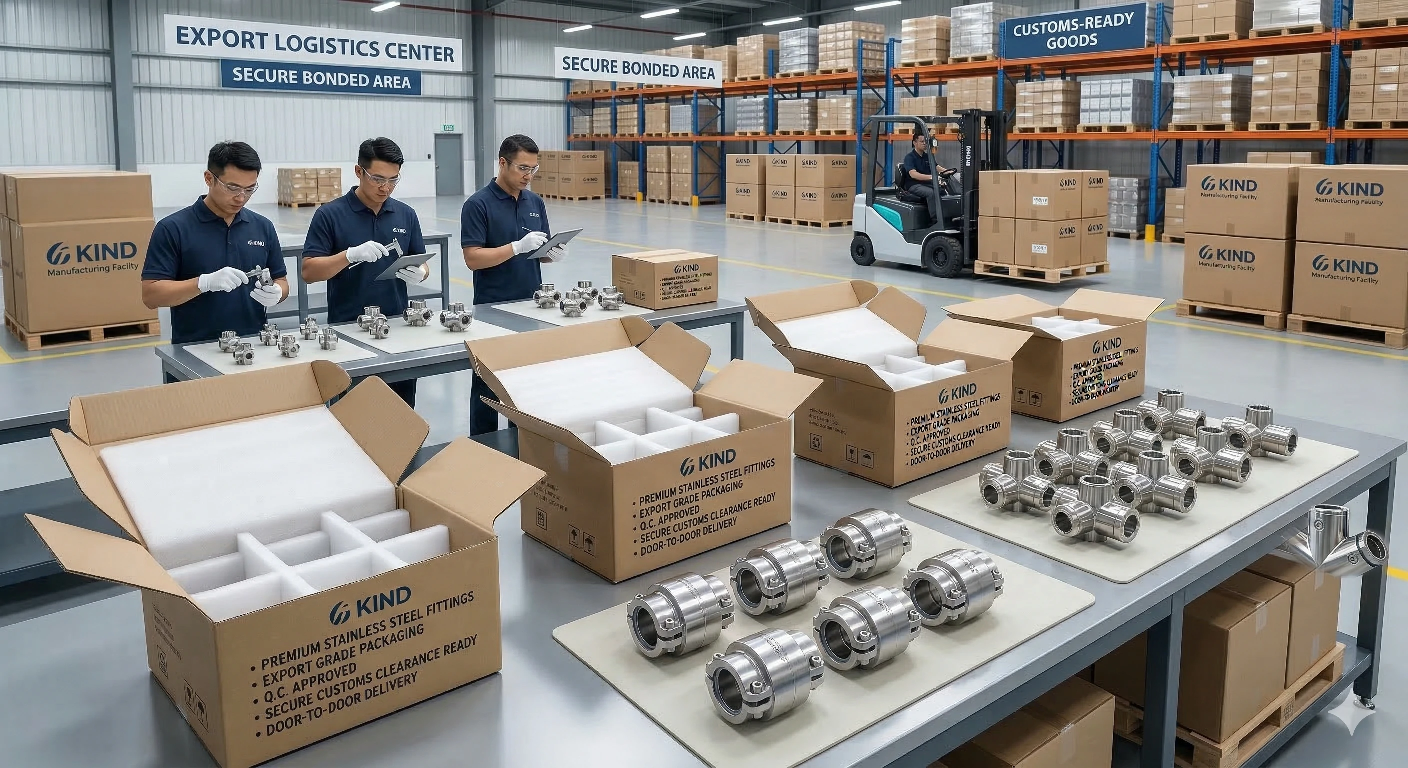 Workers packaging premium stainless steel fittings in an export logistics center.