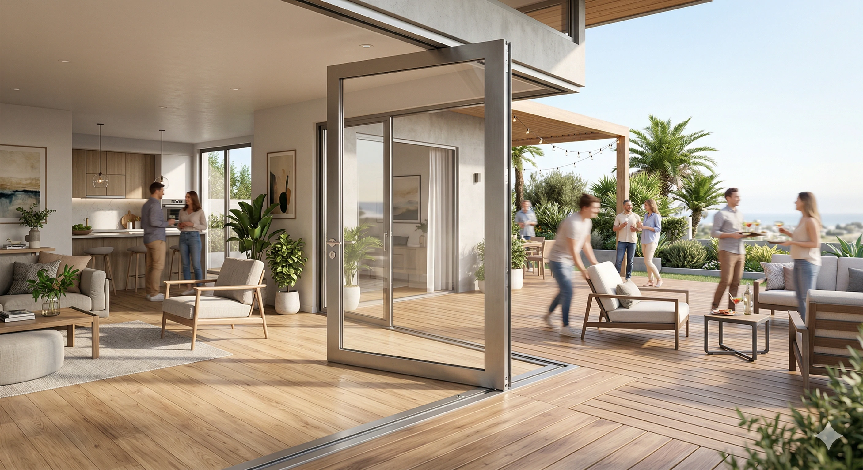 Durable frameless glass folding doors providing seamless outdoor patio transitions.