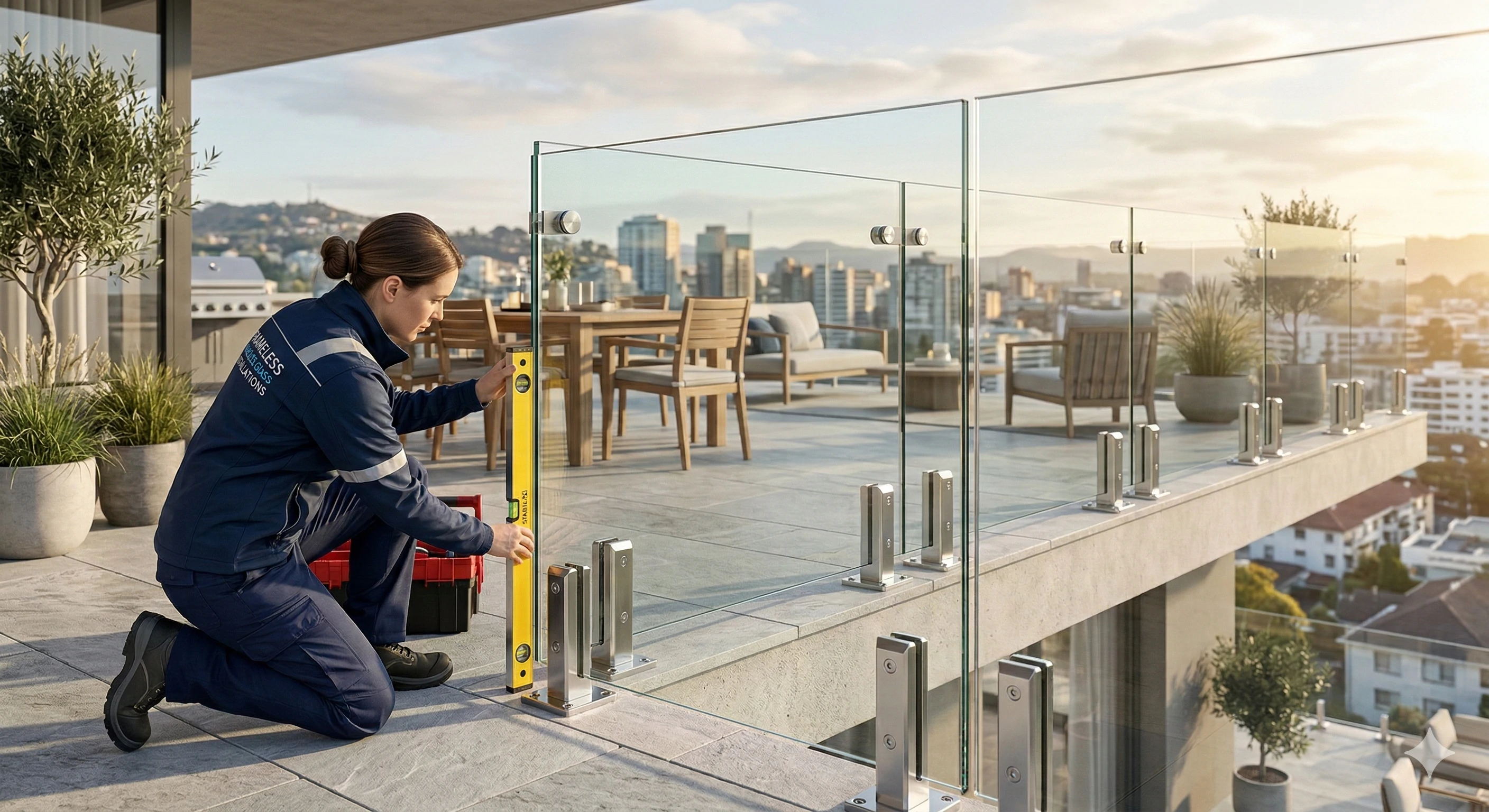 Installer using level on frameless glass balcony railing hardware