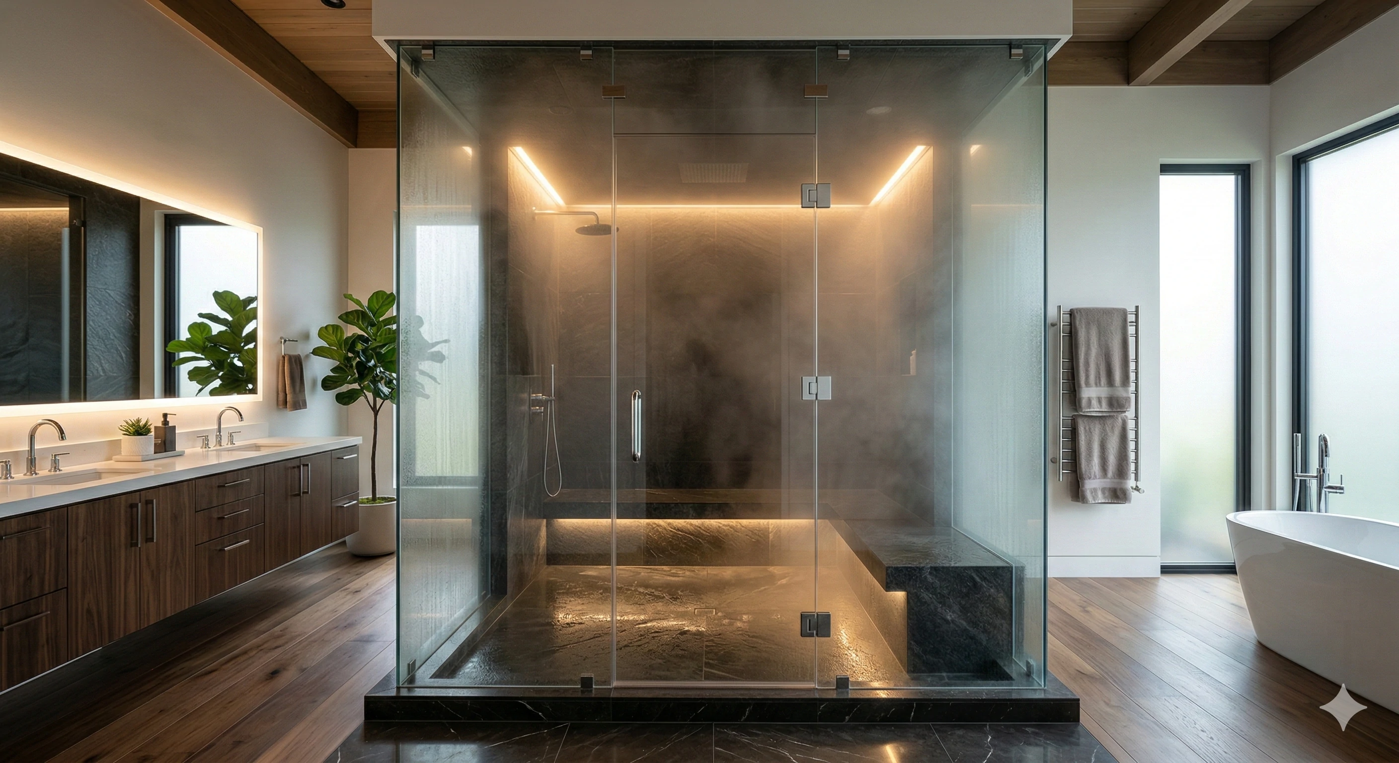 Luxury modern bathroom featuring a frameless glass shower enclosure