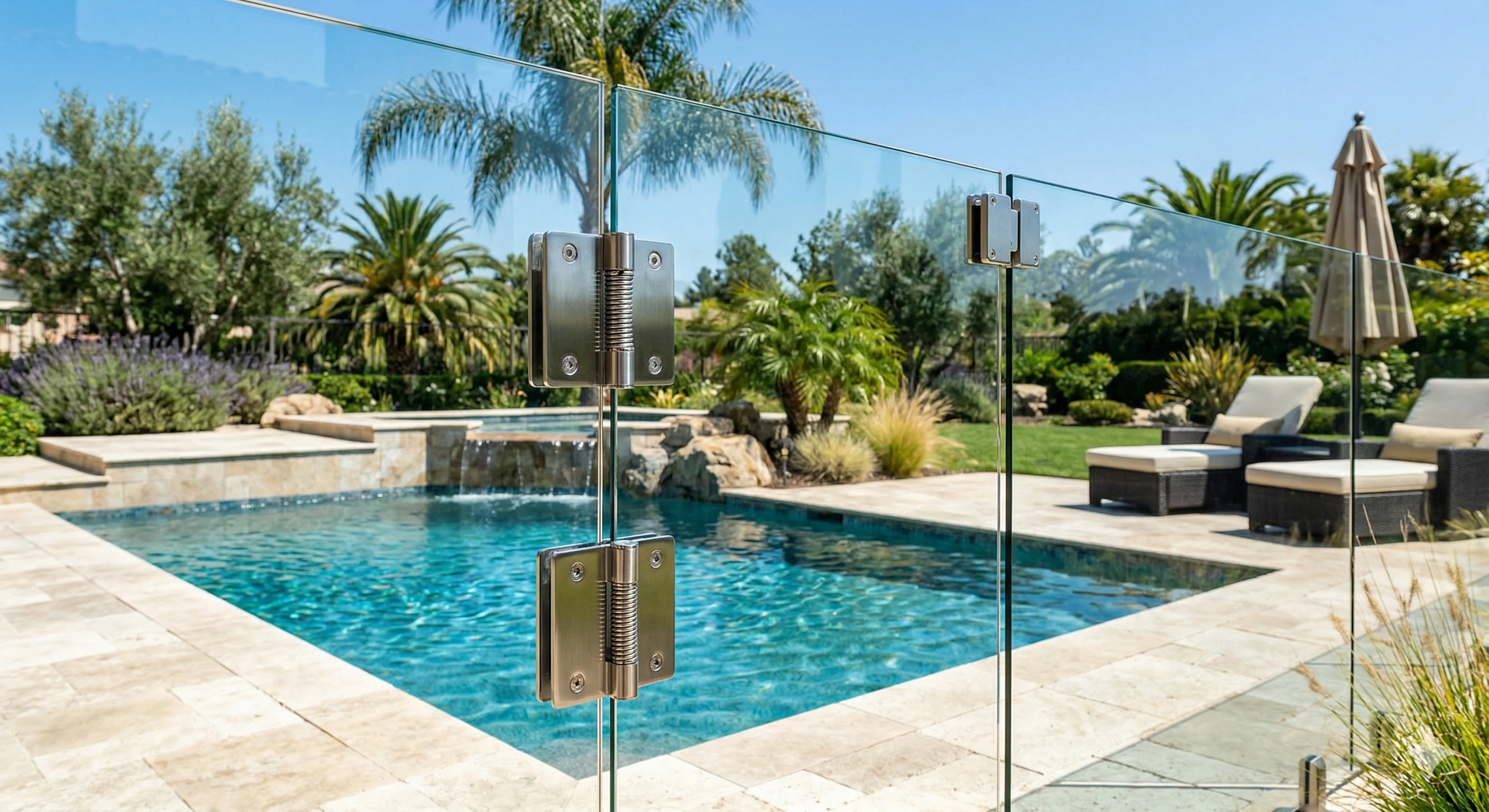 Frameless glass pool fencing secured with corrosion-resistant stainless steel hinges