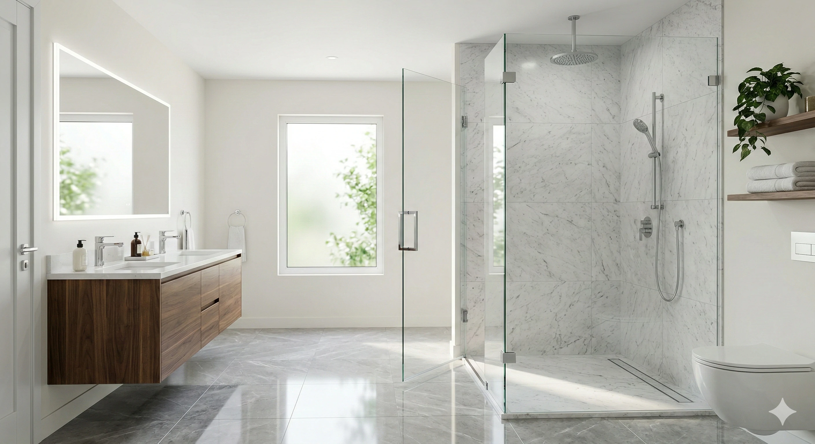 Frameless glass shower enclosure for modern luxury bathroom designs