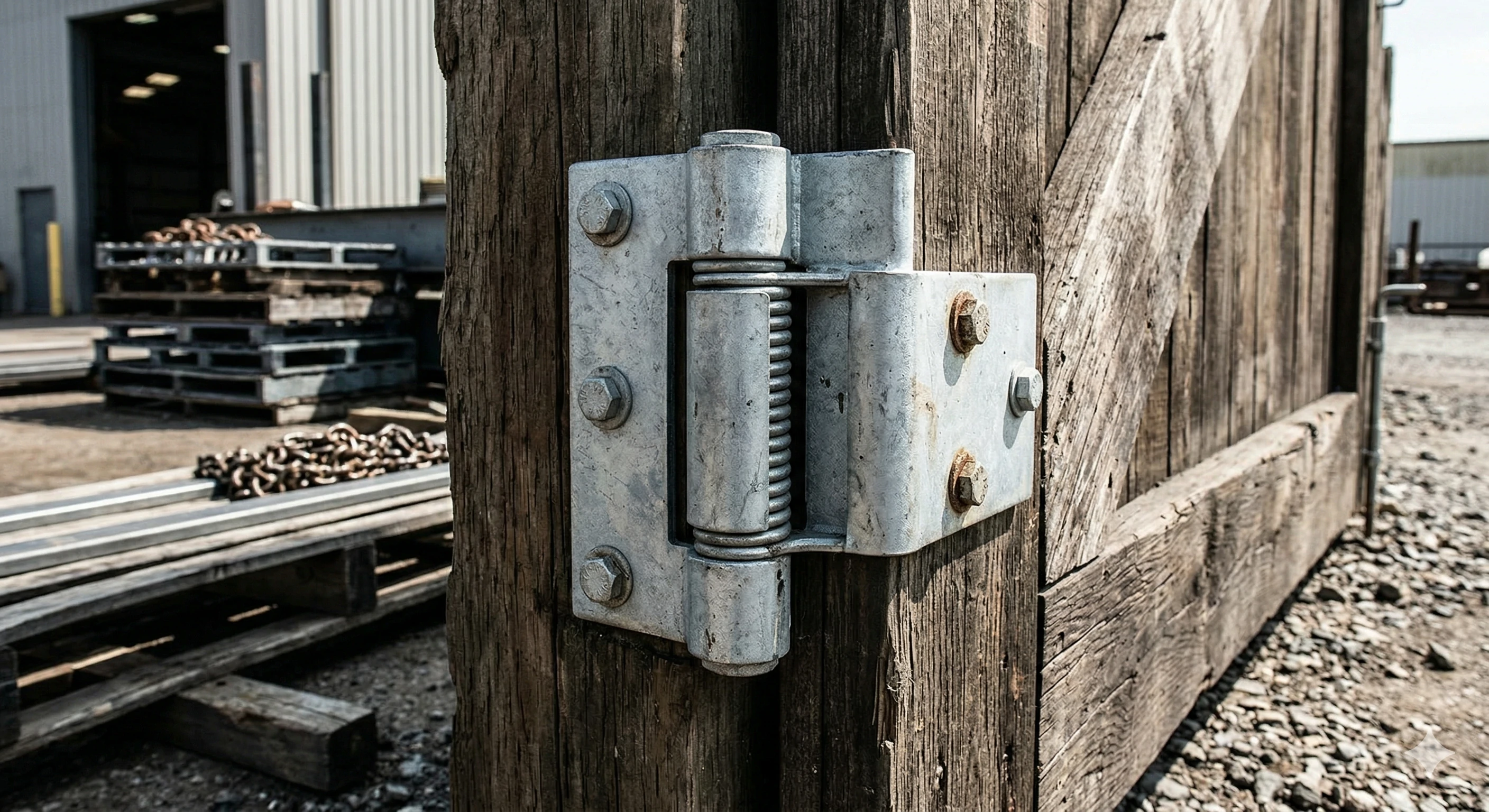 Heavy-duty galvanized spring hinge on a rustic wooden outdoor gate.