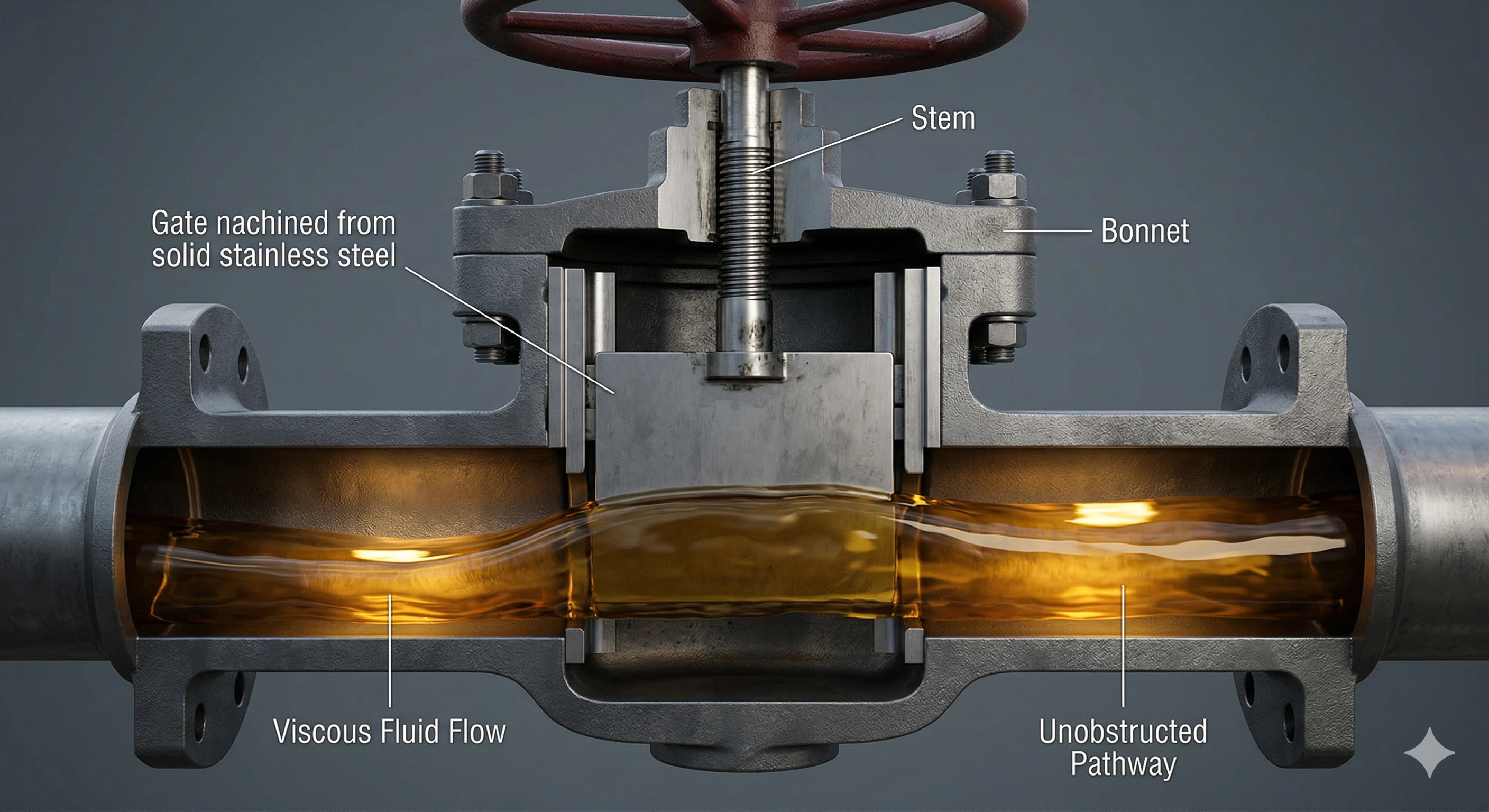 Cutaway rendering of a gate valve showing viscous fluid flowing through an unobstructed pathway