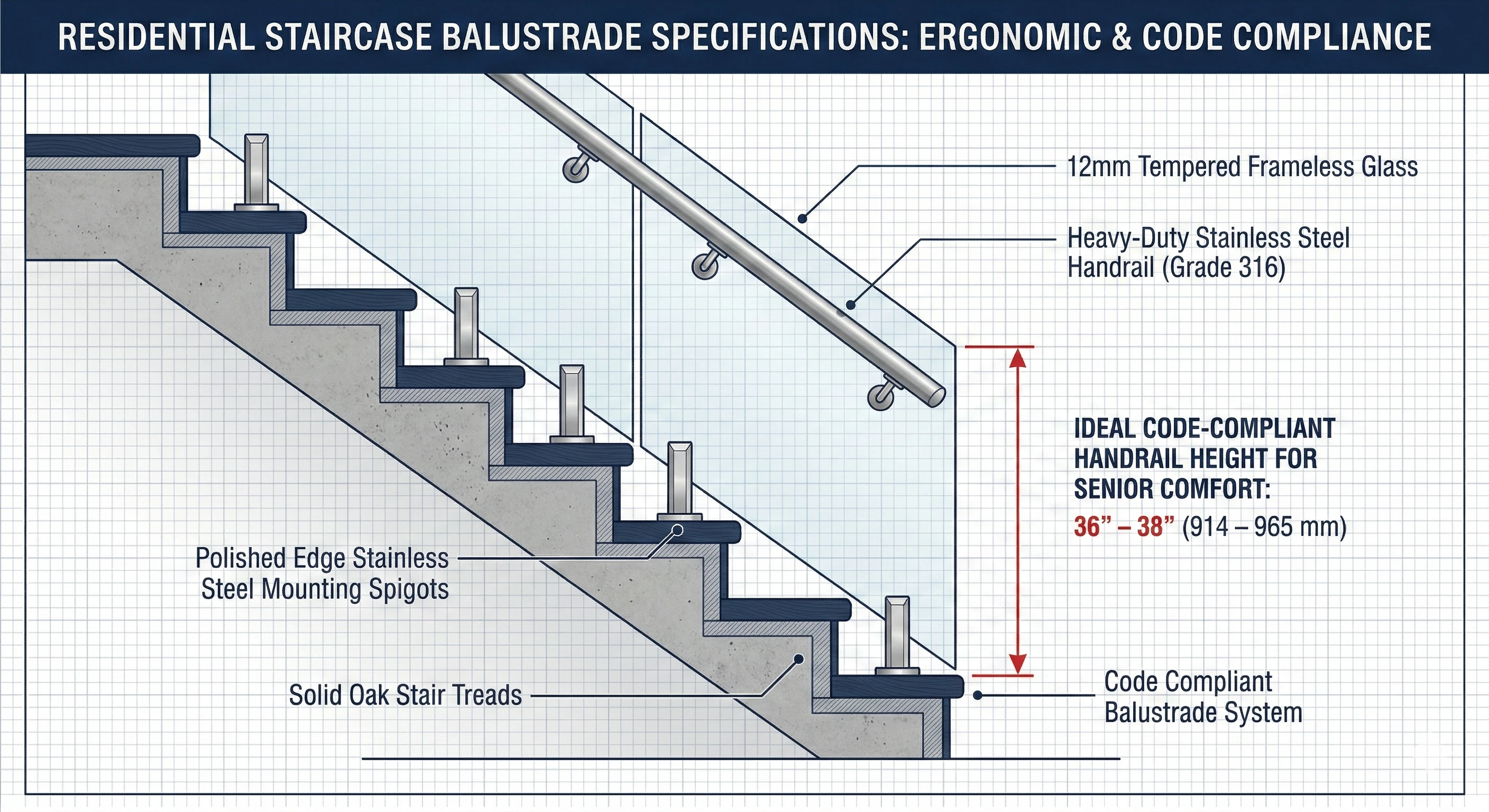 Diagram of code-compliant residential glass balustrade specifications for senior comfort