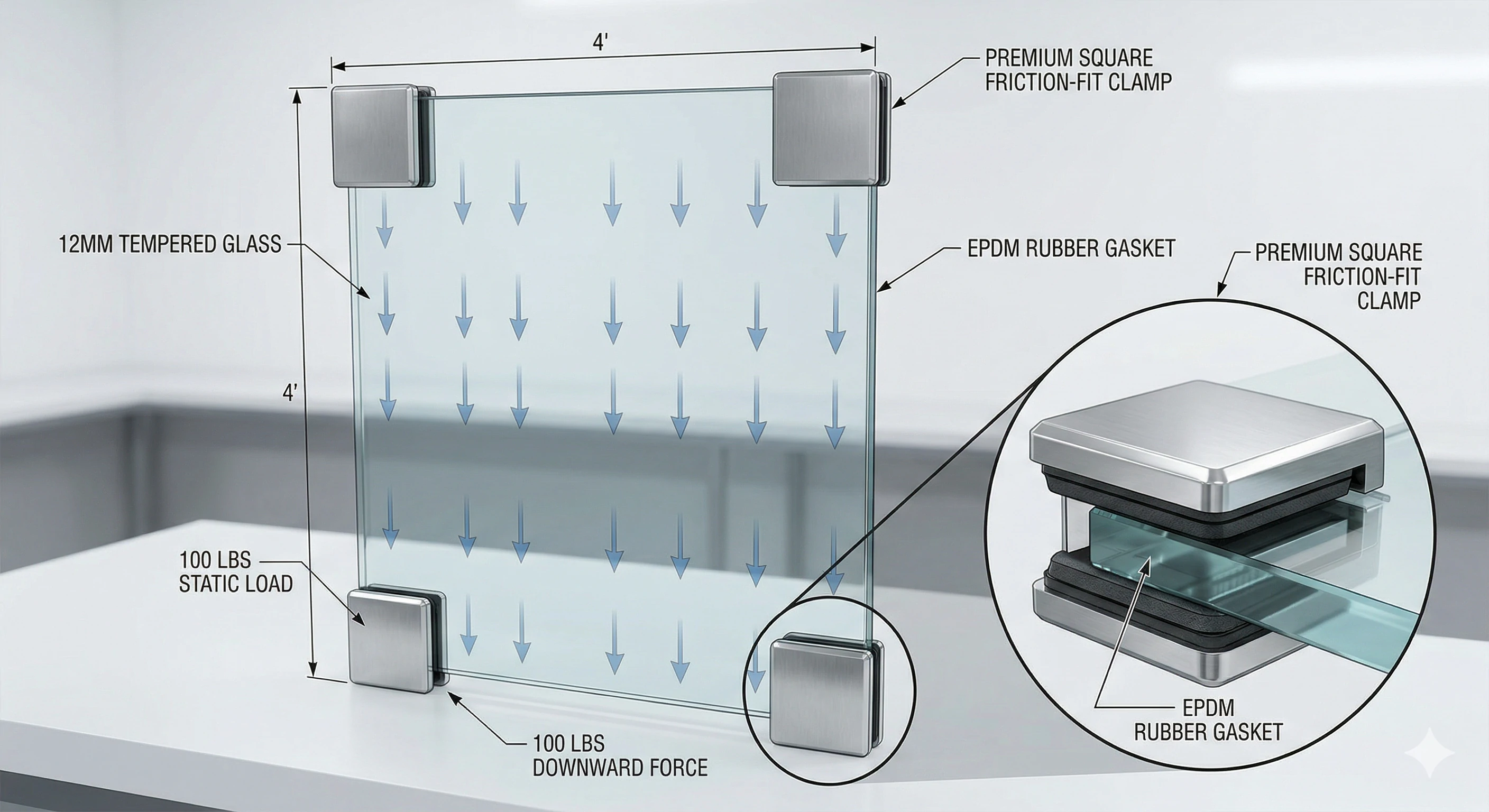 Diagram of 12mm glass panel load testing with square friction-fit clamps
