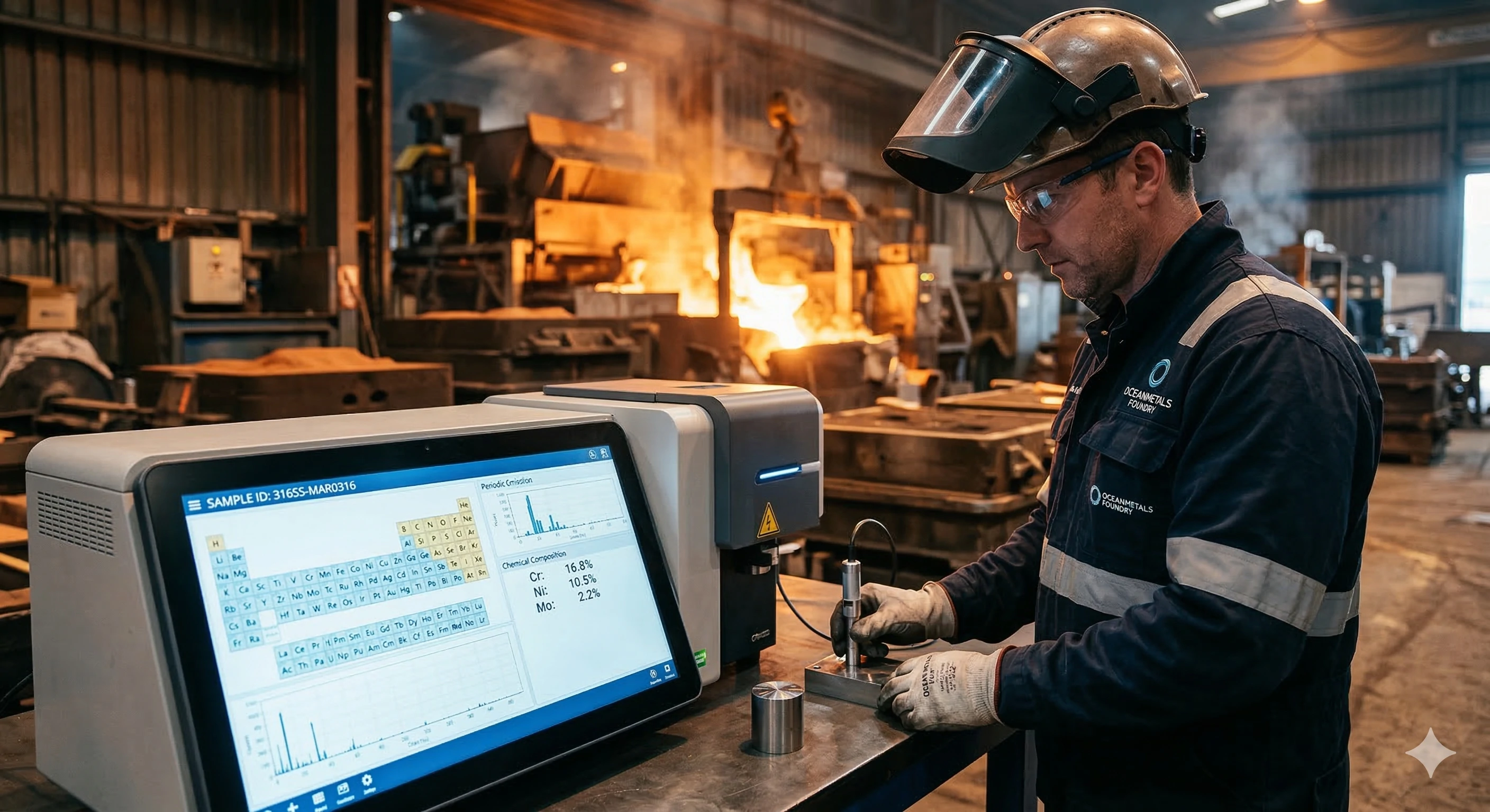 Metallurgist testing material composition of glass hardware in a manufacturing foundry