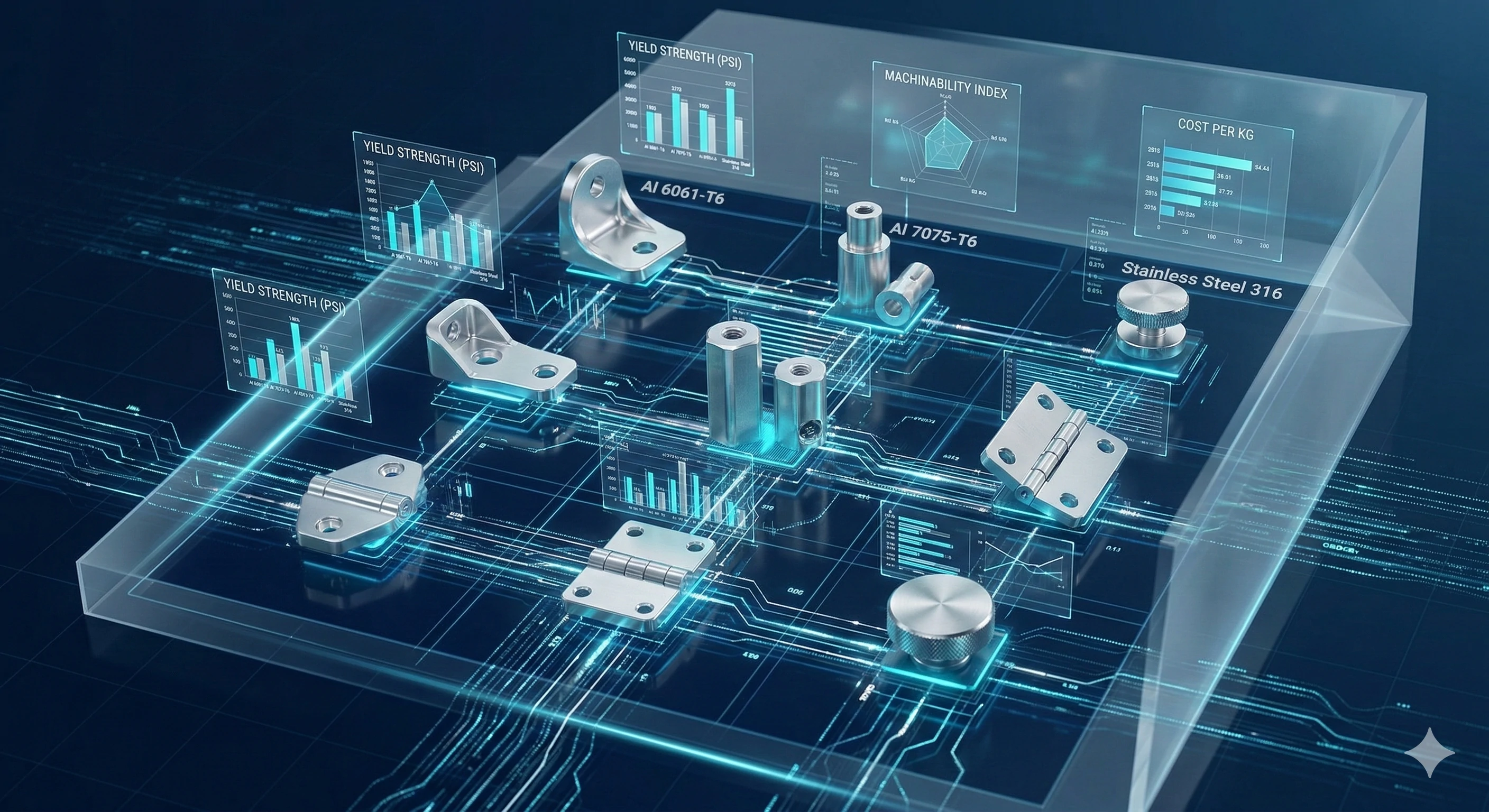 Digital dashboard displaying glass hardware hinges and standoffs with material performance data charts.