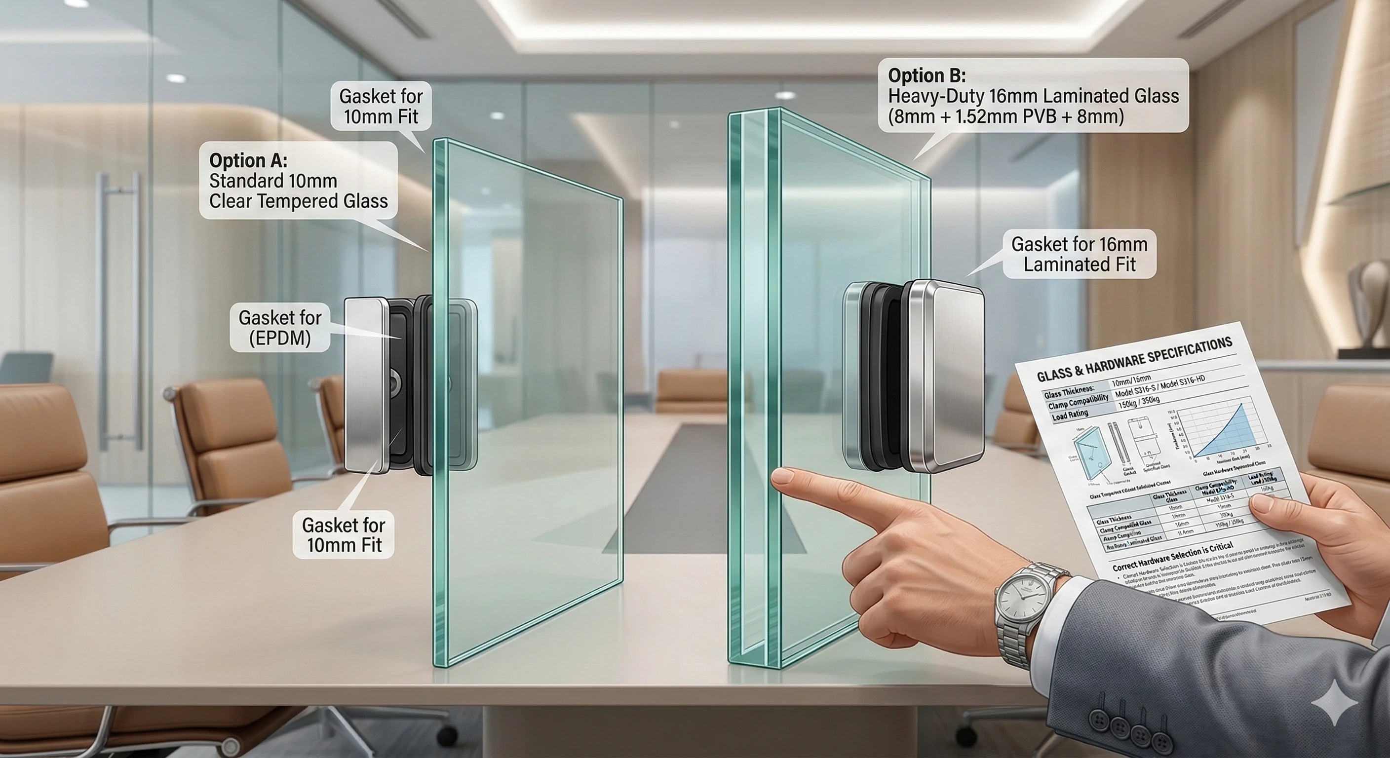 Comparing 10mm standard and 16mm laminated glass railing hardware specifications