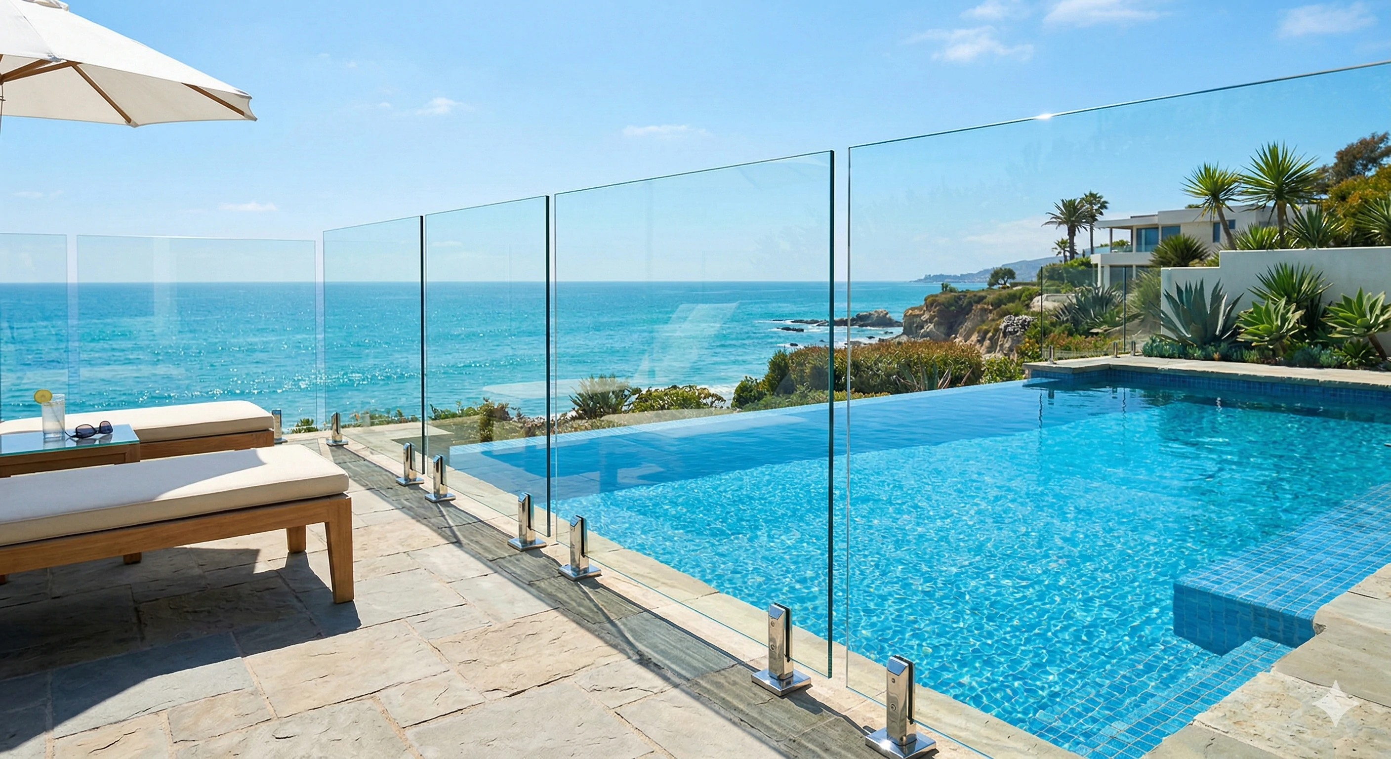 Durable frameless glass pool fencing with stainless steel spigots