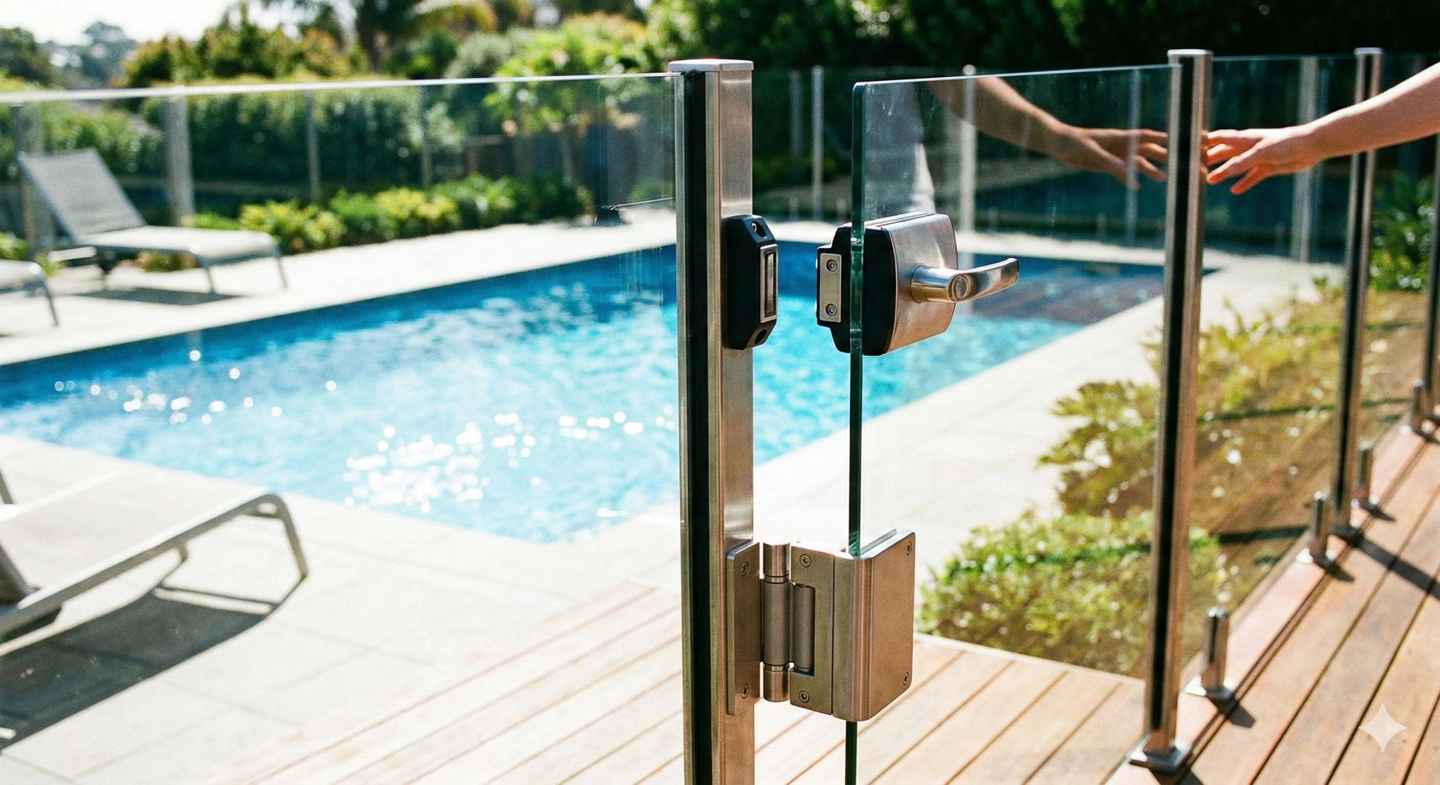 Secure frameless glass pool fence gate with stainless magnetic latch.