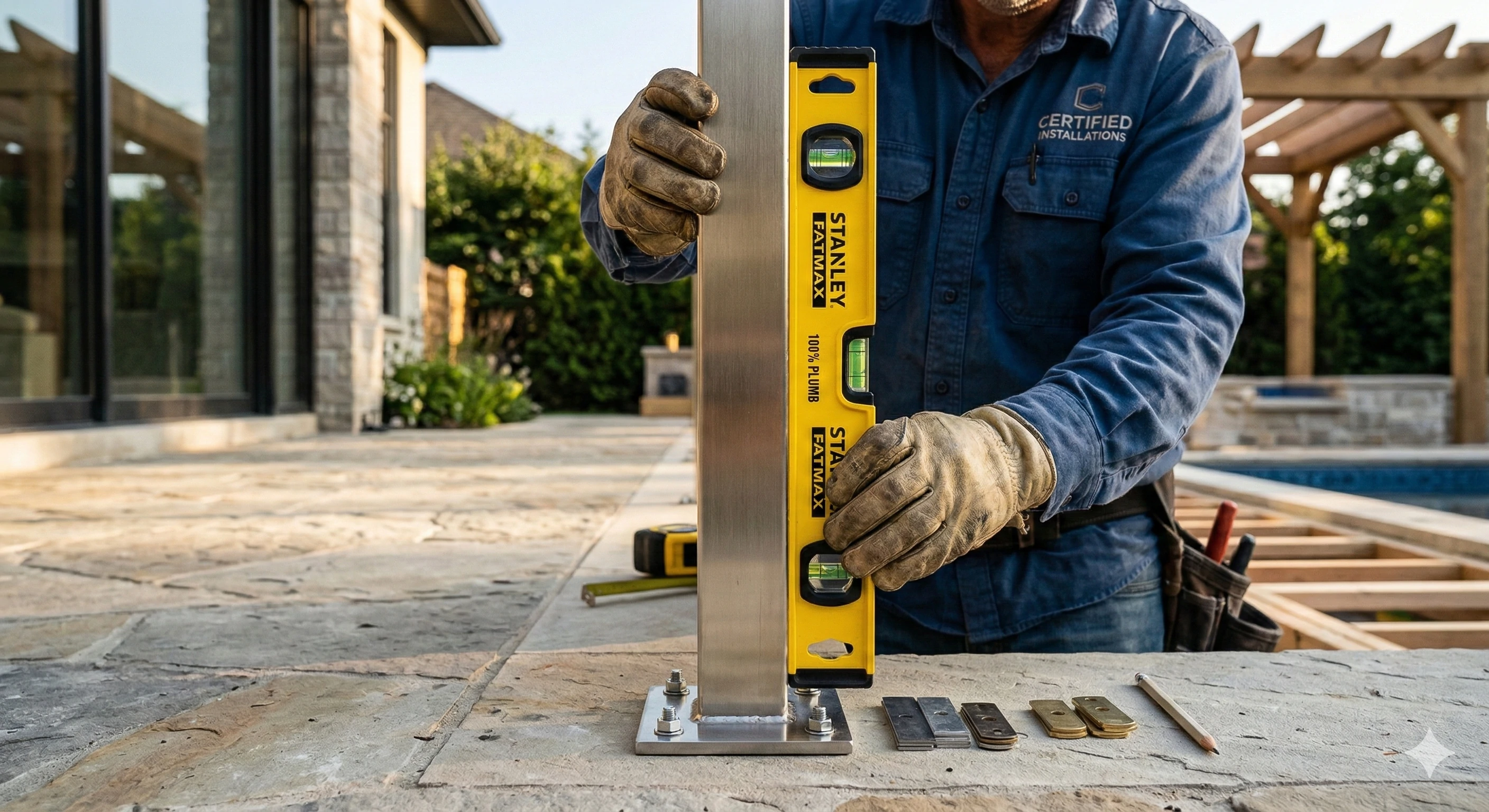 Professional installation of stainless steel glass railing post using level.