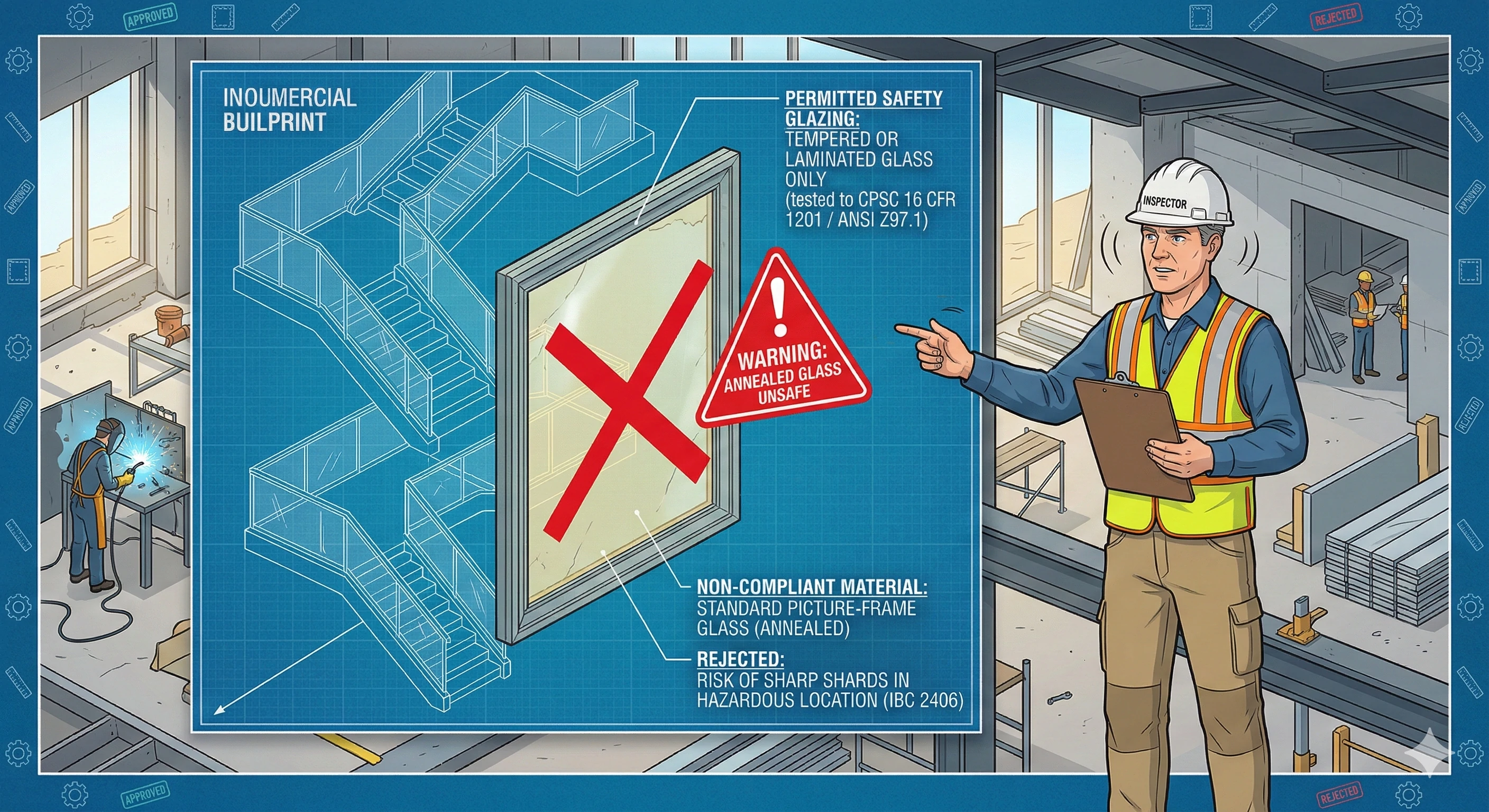 L'inspecteur du bâtiment rejette le verre recuit non sécuritaire sur le plan pour la conformité de la sécurité des garde-corps en verre.