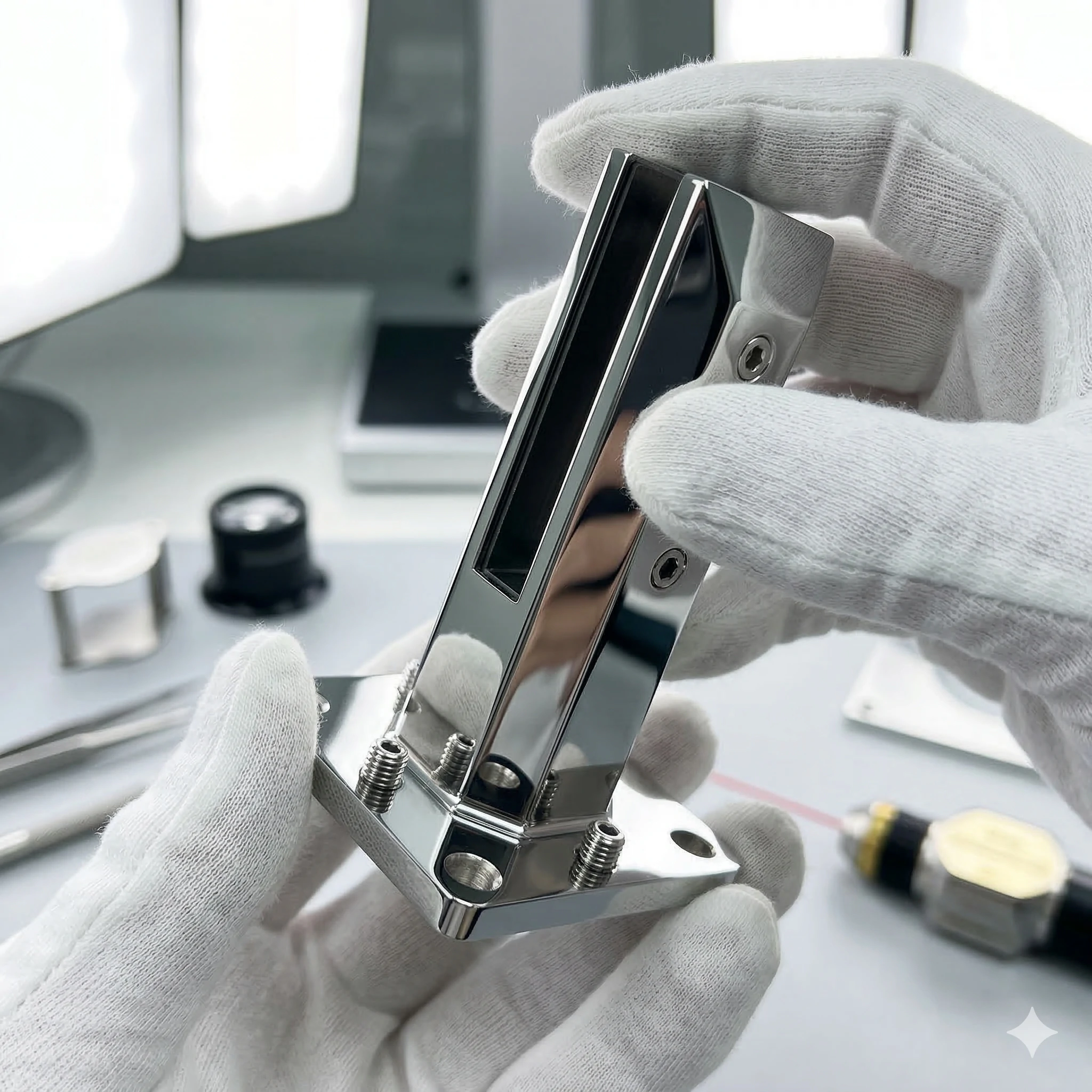 Aleader inspector examining polished glass railing spigot for perfect finish.